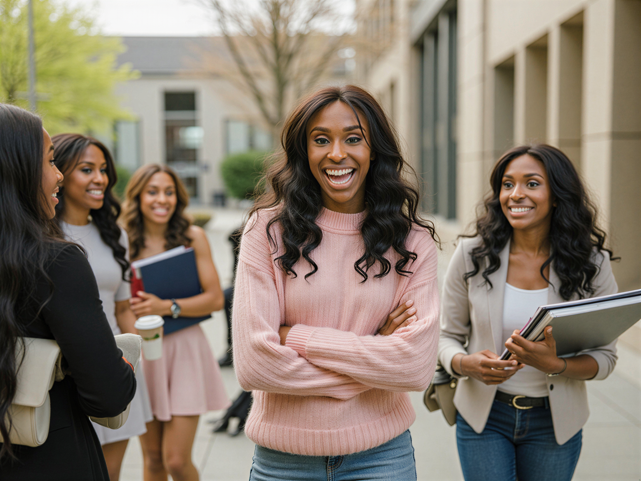 A vibrant and joyful female college student, OD62S, aged 28, captured in an outdoor setting on a sunny campus. She wears a chic yet casual outfit, featuring a pastel oversized sweater and denim shorts, exuding youthful energy. Her hair is styled in loose waves, and she is laughing with a group of friends in the background, holding a stack of books and a coffee cup. The image is infused with warmth and happiness, reflecting the carefree spirit of college life, with soft, natural lighting highlighting her radiant smile and the bright colors of spring.