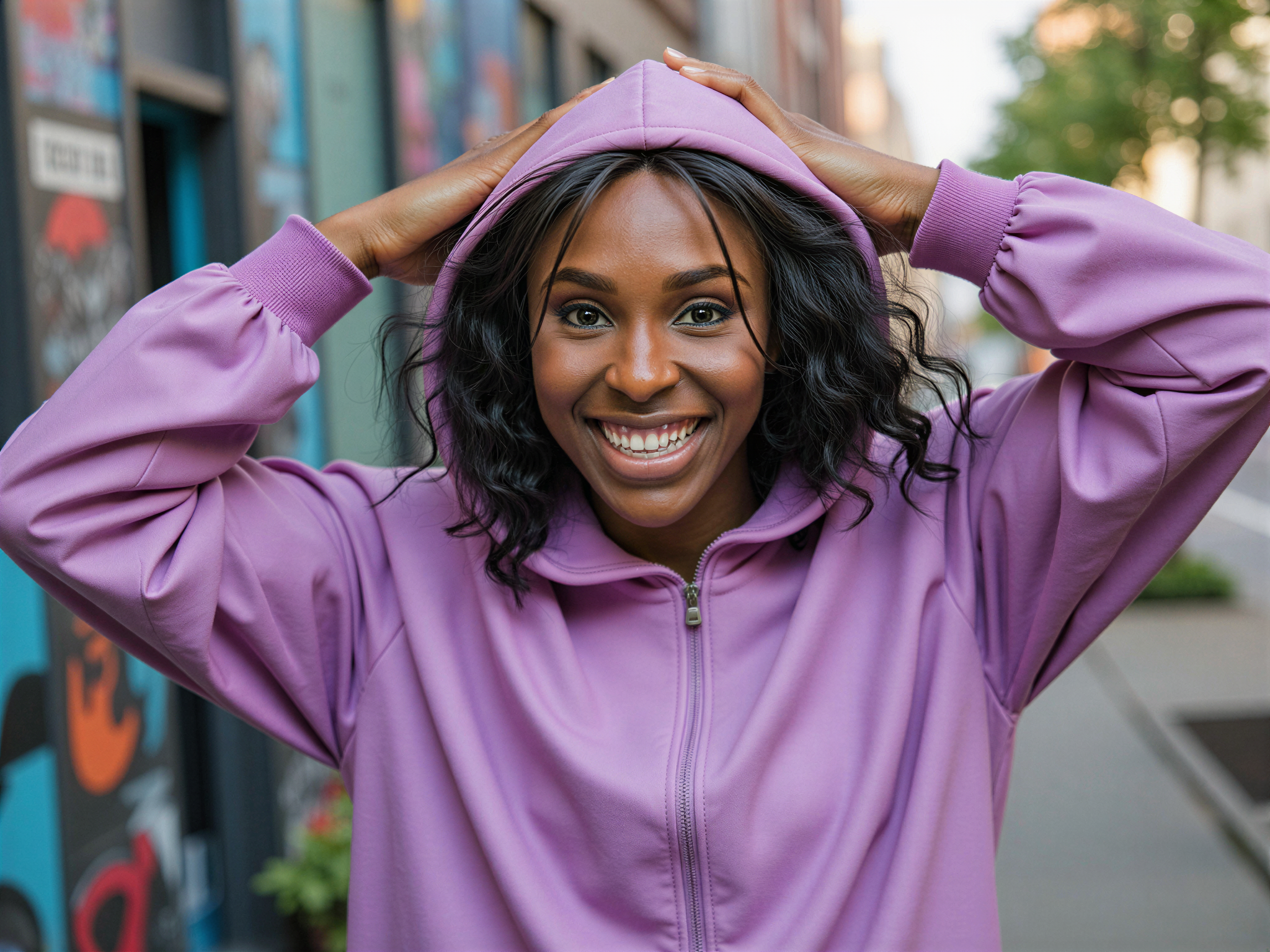 A joyful female model, OD62S, aged 28, captured in a vibrant urban setting, adorned in a playful, oversized hooded jacket in a rich lavender hue. The hood is dramatically pulled over her head, framing her radiant smile, while the jacket’s playful fabric contrasts against a backdrop of colorful street art. Her hair peeks out in carefree curls, catching the sunlight. She exudes a carefree spirit, arms outstretched as if embracing the world, conveying unadulterated happiness. The image bursts with energy, enhanced by a bright, natural light that emphasizes her joyful expression, making it a perfect embodiment of youthful exuberance.