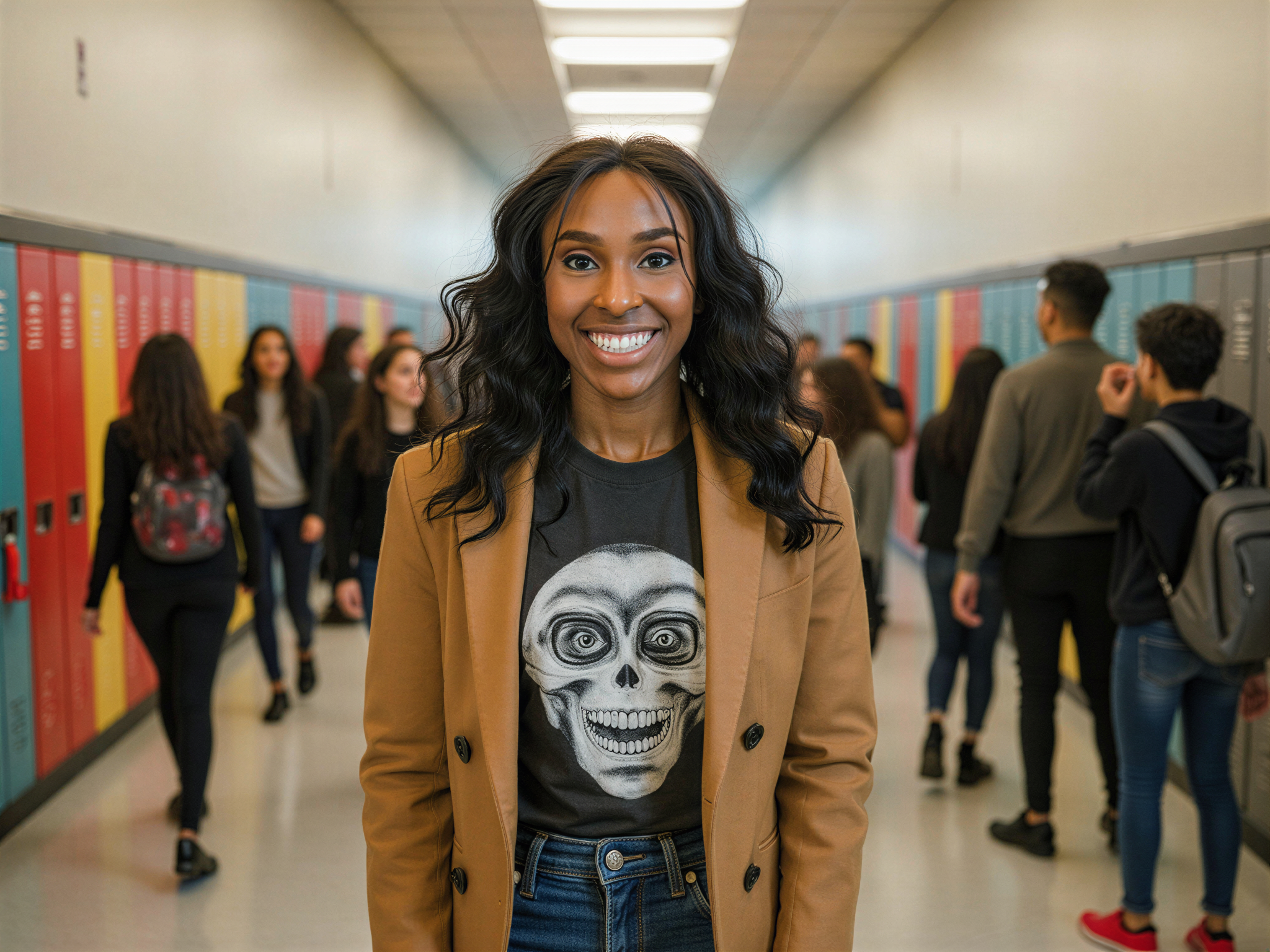 A joyful female student, OD62S, aged 28, standing in a vibrant high school hallway filled with colorful lockers and bustling students. She wears a chic, oversized blazer over a trendy graphic tee and high-waisted jeans, embodying a youthful yet sophisticated style. Her hair is styled in loose waves, and she has a bright smile, radiating happiness and confidence. The warm lighting enhances the lively atmosphere of the school, capturing the essence of teenage spirit and the joy of learning with friends nearby, creating a dynamic and engaging shot.