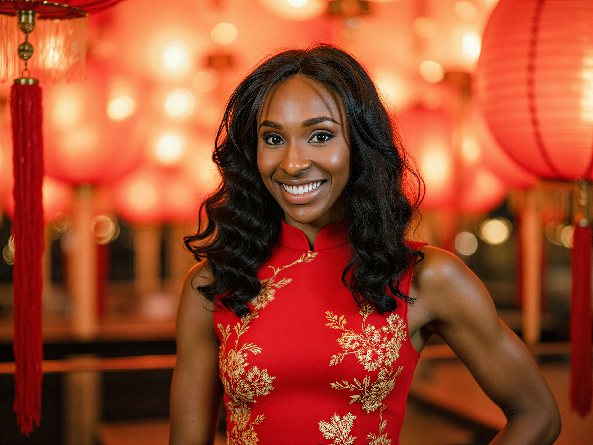A vibrant celebration of Chinese New Year featuring a joyful female subject, OD62S, aged 28. She is adorned in a stunning red qipao, intricately embroidered with gold floral patterns that shimmer under the festive lantern light. Her hair is styled in elegant waves, adorned with delicate golden hairpins, reflecting traditional aesthetics. She stands among a backdrop of lively decorations, including red lanterns and swirling ribbons, capturing the spirit of the festival. She emits a sense of happiness and warmth, her bright smile inviting celebration and joy into the frame. The photo employs soft, warm lighting that enhances the mood of festivity, making the colors pop vibrantly against the backdrop of traditional decorations.