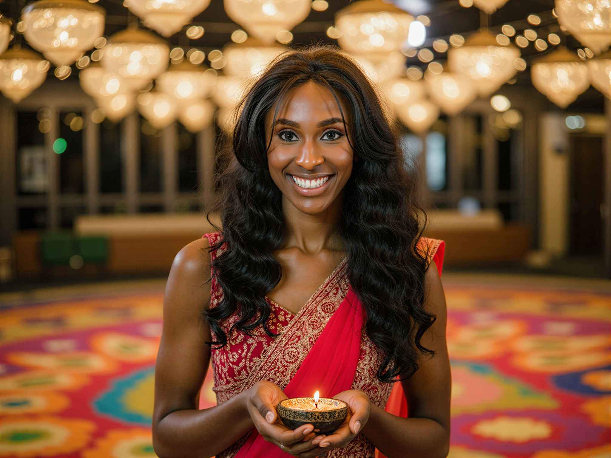 A joyful female figure, OD62S, aged 28, embodies the celebratory spirit of Diwali. She adorns a vibrant lehenga in rich shades of fuchsia and gold, intricately embellished with sequins and delicate embroidery. Her long hair is styled in cascading waves, adorned with fresh marigold flowers, radiating warmth and festivity. In her hands, she elegantly holds a small, ornate oil lamp (diya) softly glowing amidst an array of colorful rangoli patterns spread across the floor. The backdrop features twinkling fairy lights and decorative lanterns, creating an enchanting atmosphere filled with happiness and joy, perfectly capturing the essence of the festival. The scene is illuminated with soft, warm lighting to enhance the celebratory mood and vibrant colors.