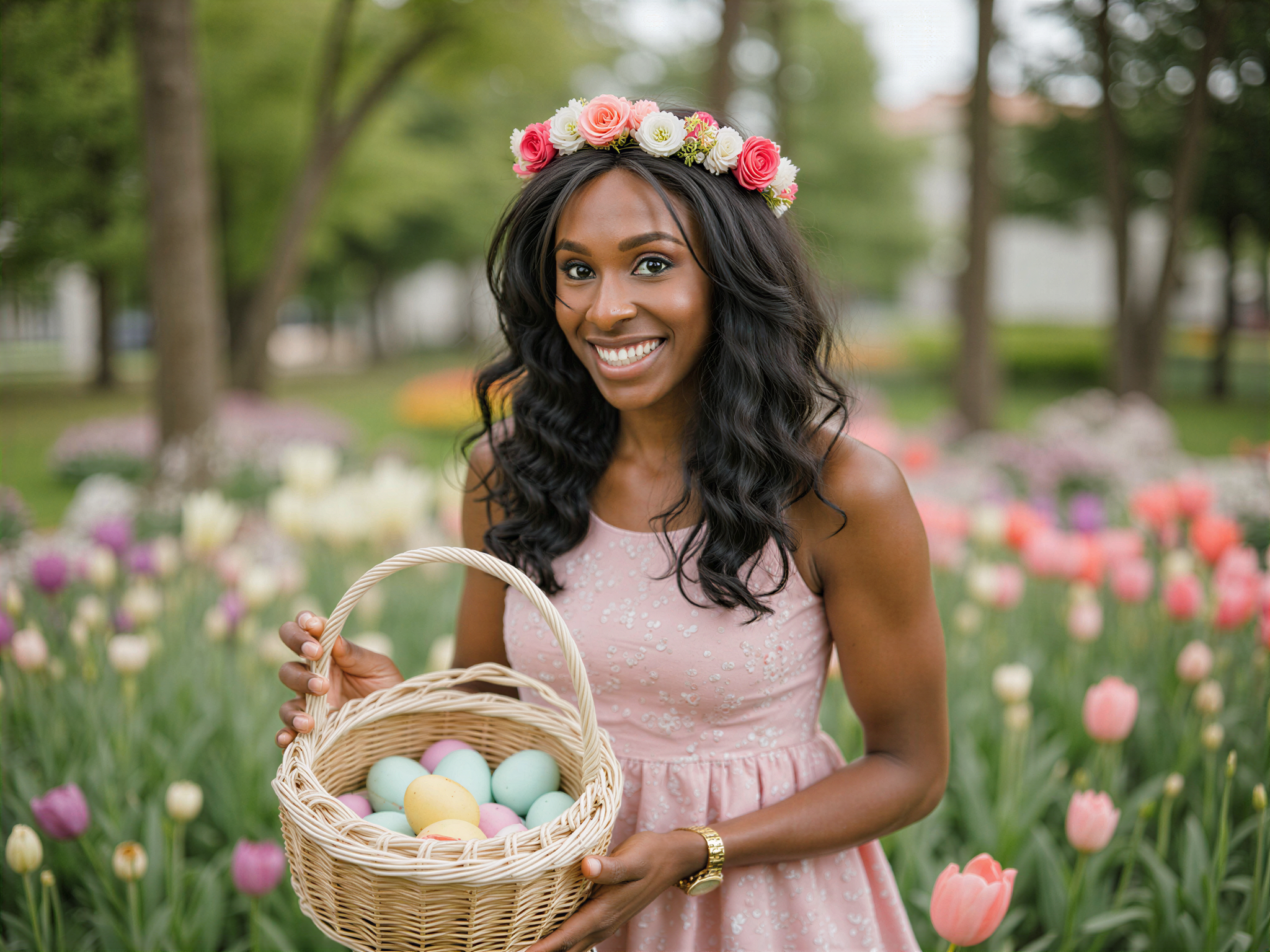 A vibrant and joyful scene featuring a female individual, OD62S, aged 28, celebrating Easter in a whimsical garden. She is wearing a pastel-colored, floral-printed sundress that flutters softly in the spring breeze, and a delicate flower crown adorns her beautifully styled hair. The setting is alive with blooming flowers and painted Easter eggs strategically placed around her. Her expression radiates happiness and warmth as she holds a large pastel basket overflowing with colorful eggs. Soft, natural lighting bathes the scene, enhancing the cheerful atmosphere. This image captures the essence of springtime joy and celebration, making it perfect for an editorial spread celebrating Easter.
