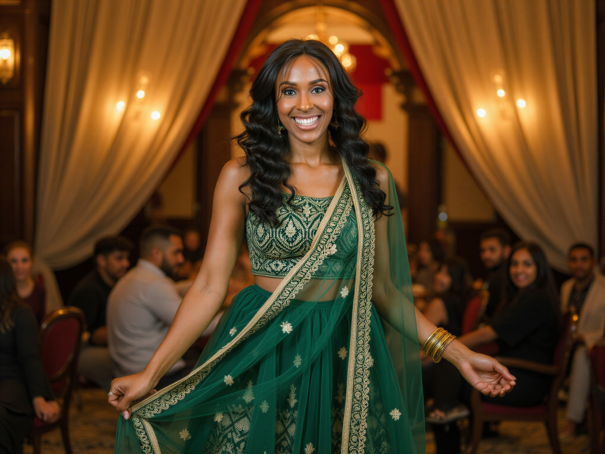A joyful female figure, OD62S, aged 28, celebrating Eid. She is adorned in an exquisite emerald green lehenga with intricate gold embroidery under soft, warm lighting that enhances her radiant smile. Her long, flowing dupatta is elegantly draped over one shoulder, showcasing delicate gold jewelry, including statement earrings and a matching bracelet. The background is a lavishly decorated setting with rich fabrics and ambient lanterns, reflecting the cultural richness of the celebration. The atmosphere is filled with joy and festivity, capturing the essence of happiness and tradition during Eid.