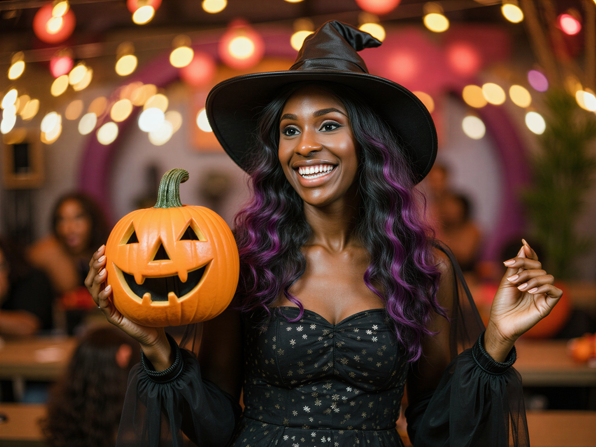 A joyful female figure, OD62S, aged 28, celebrating Halloween in a vibrant costume. She wears a playful witch ensemble, featuring a flowing black cape adorned with shimmering silver stars and a fitted dress layered in tulle. Her hair is styled in loose waves with a whimsical purple streak, topped off with a classic pointed witch's hat adorned with a satin ribbon. Set against a backdrop of a festive Halloween party, decorated with pumpkins and colorful lights, the scene radiates a cheerful atmosphere. Soft, warm lighting enhances the playful and happy mood, capturing her laughter and excitement as she poses with a jack-o'-lantern in hand.