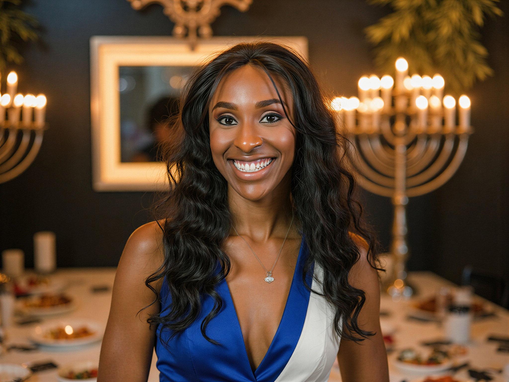 A joyful female individual, OD62S, aged 28, celebrating Hanukkah in a vibrant, festive setting. She is adorned in a traditional yet modern dress, featuring rich blues and whites, reminiscent of the Star of David, embellished with subtle sparkles. Her hair is styled in loose waves, and she wears a simple elegant necklace. The background is decorated with menorahs and glowing candles, casting warm light that enhances her happy expression. She is standing in front of a beautifully set table, filled with traditional foods like latkes and sufganiyot, projecting a mood of joy and togetherness. The scene captures the essence of celebration with a contemporary twist, showcasing cultural richness and warmth.
