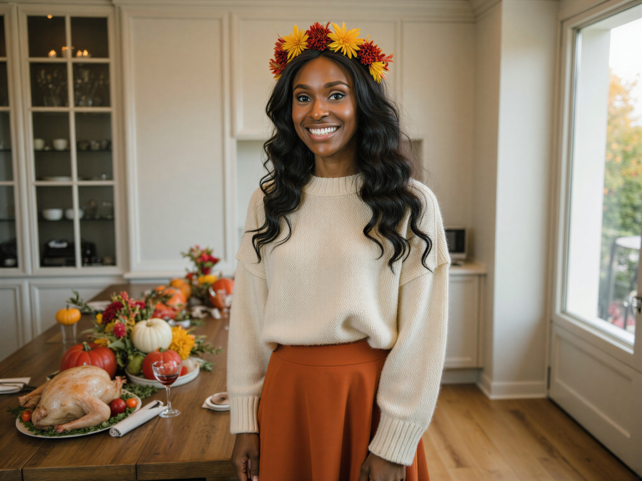A joyful female figure, OD62S, aged 28, embodying the warmth and festive spirit of Thanksgiving. She is styled in an elegant yet cozy ensemble, featuring a soft, cream-colored knit sweater paired with a flowing rust-orange midi skirt. Her hair cascades in loose waves adorned with a floral crown of autumn foliage—golden leaves and small pumpkins. She stands in a sunlit kitchen, surrounded by a beautifully set Thanksgiving table laden with roasted turkey, seasonal vegetables, and vibrant floral centerpieces. The atmosphere is filled with a sense of gratitude and warmth, captured through soft, golden hour lighting that softens her smile and enhances the inviting environment, evoking feelings of happiness and togetherness.