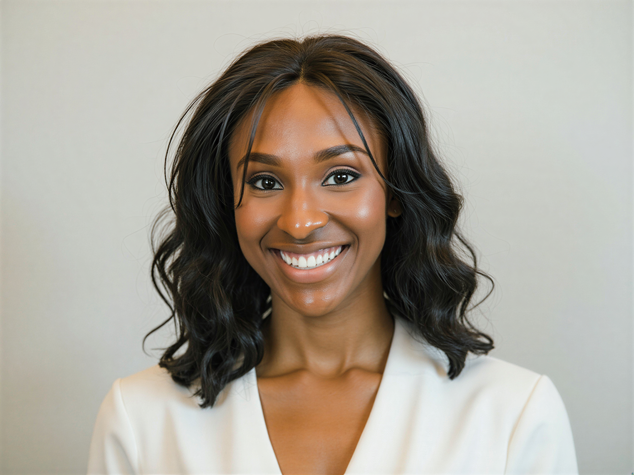 A female individual, OD62S, aged 28, captured in a passport photo styled with a fresh and happy demeanor. She has a bright smile that conveys warmth and approachability, dressed in a simple, chic white blouse. Her hair is styled in loose waves, framing her face softly. The background is a neutral color to focus on her expression, illuminated with soft, even lighting to reduce shadows and enhance her glowing complexion. The image captures the essence of joy and confidence, perfect for a personal identification photo.