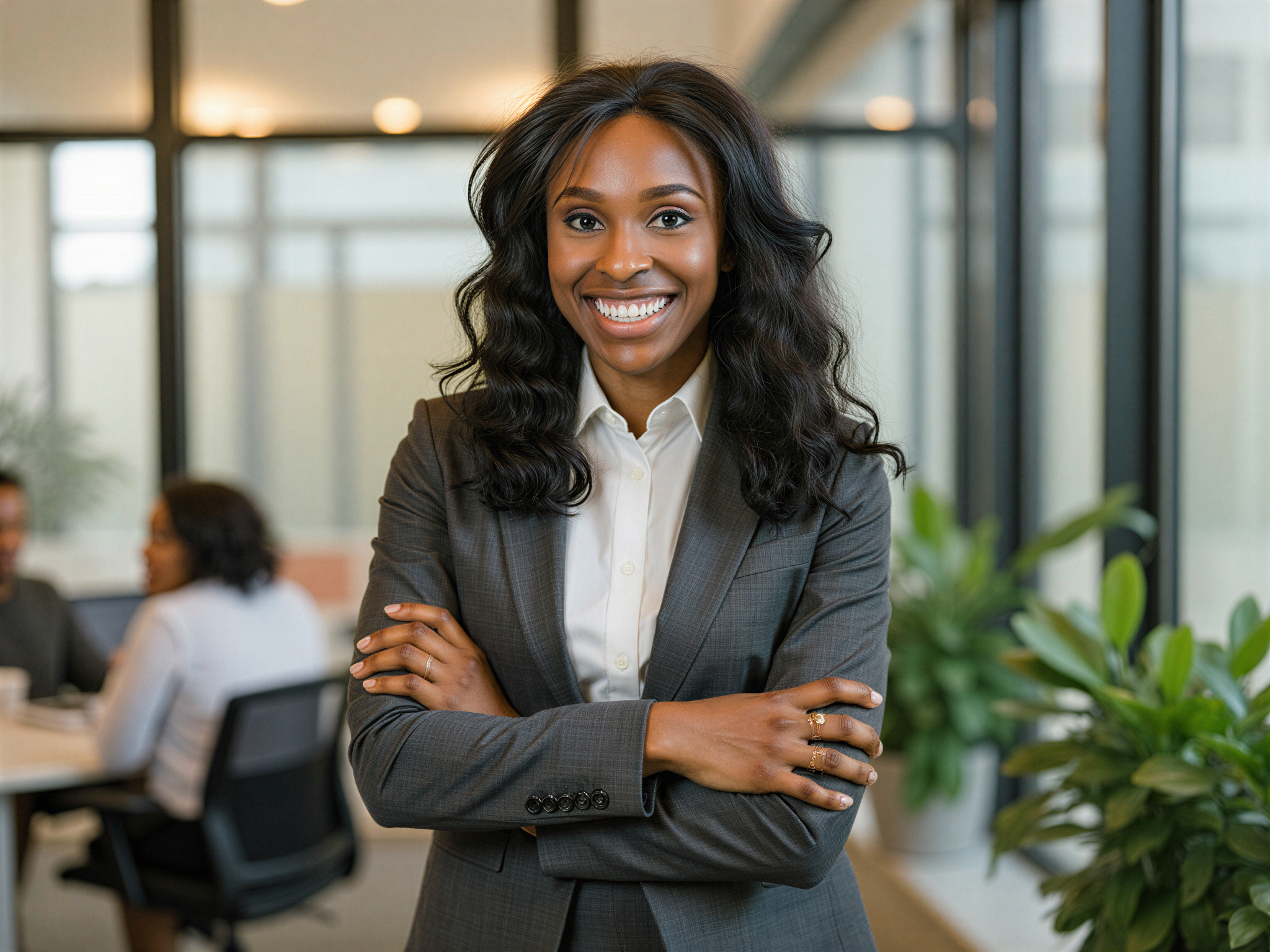 A radiant female professional, OD62S, aged 28, exudes confidence and positivity in a vibrant urban office setting. She is dressed in a tailored, charcoal grey blazer over a crisp white blouse, enhanced by chic, high-waisted trousers. Her hair is styled in soft waves, framing her face beautifully. With a beaming smile, she stands with arms crossed in a power pose, embodying a blend of approachability and professionalism. Natural light streams through the large office windows, creating a warm atmosphere. The background showcases modern decor with greenery, emphasizing a welcoming and dynamic work environment. The mood is joyful and inspiring, reflecting a successful woman thriving in her career.