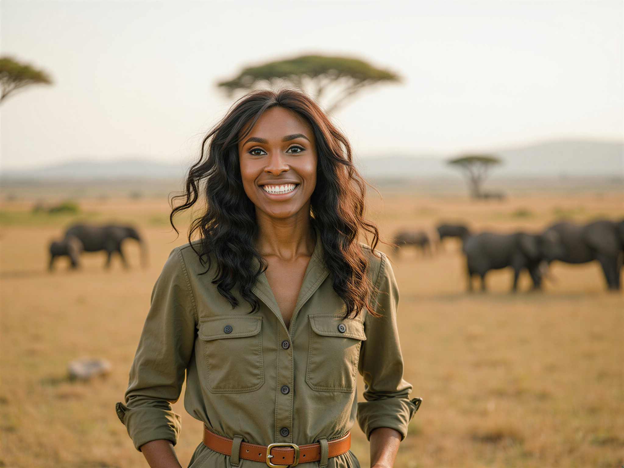 A vibrant and adventurous female figure, OD62S, aged 28, embodies the spirit of a joyful safari explorer in a breathtaking landscape. She is dressed in a chic, tailored khaki jumpsuit made from lightweight cotton, cinched at the waist with a wide canvas belt. The outfit features utility pockets and rolled-up sleeves, pairing elegantly with stylish leather ankle boots. Her sun-kissed skin glistens in the warm, golden sunlight, complementing her bright smile. She stands before an expansive savannah, with wild acacia trees in the distance, while a group of elephants can be subtly seen in the background. The atmosphere is alive with vibrant flora and fauna, capturing the essence of adventure. The composition highlights her carefree spirit and enthusiasm for exploration, evoking a mood of happiness and freedom, as soft, natural lighting enhances the cheerful setting.