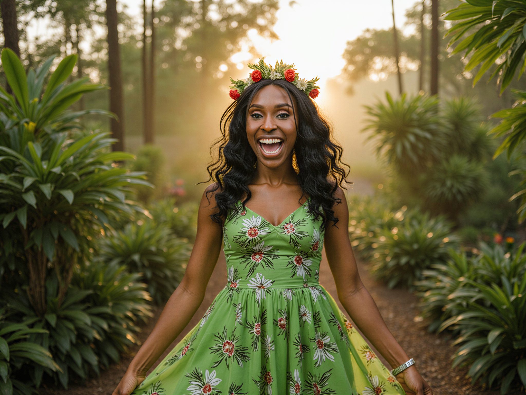 A joyful female figure, OD62S, aged 28, embodying the vibrant spirit of nature in a lush jungle setting. She wears a flowing, bright green chiffon maxi dress adorned with tropical floral prints, fluttering gracefully in the soft breeze. Her long, wavy hair is adorned with wildflowers, and her radiant smile reflects the happiness of her surroundings. The sun's golden rays peek through the dense canopy above, creating a dappled effect on her skin, which glows in the natural light. The jungle around her is rich with greenery, exotic plants, and colorful blooms, emphasizing her connection to this vibrant ecosystem. The composition captures a sense of freedom and delight, immersing the viewer in the raw beauty of nature.
