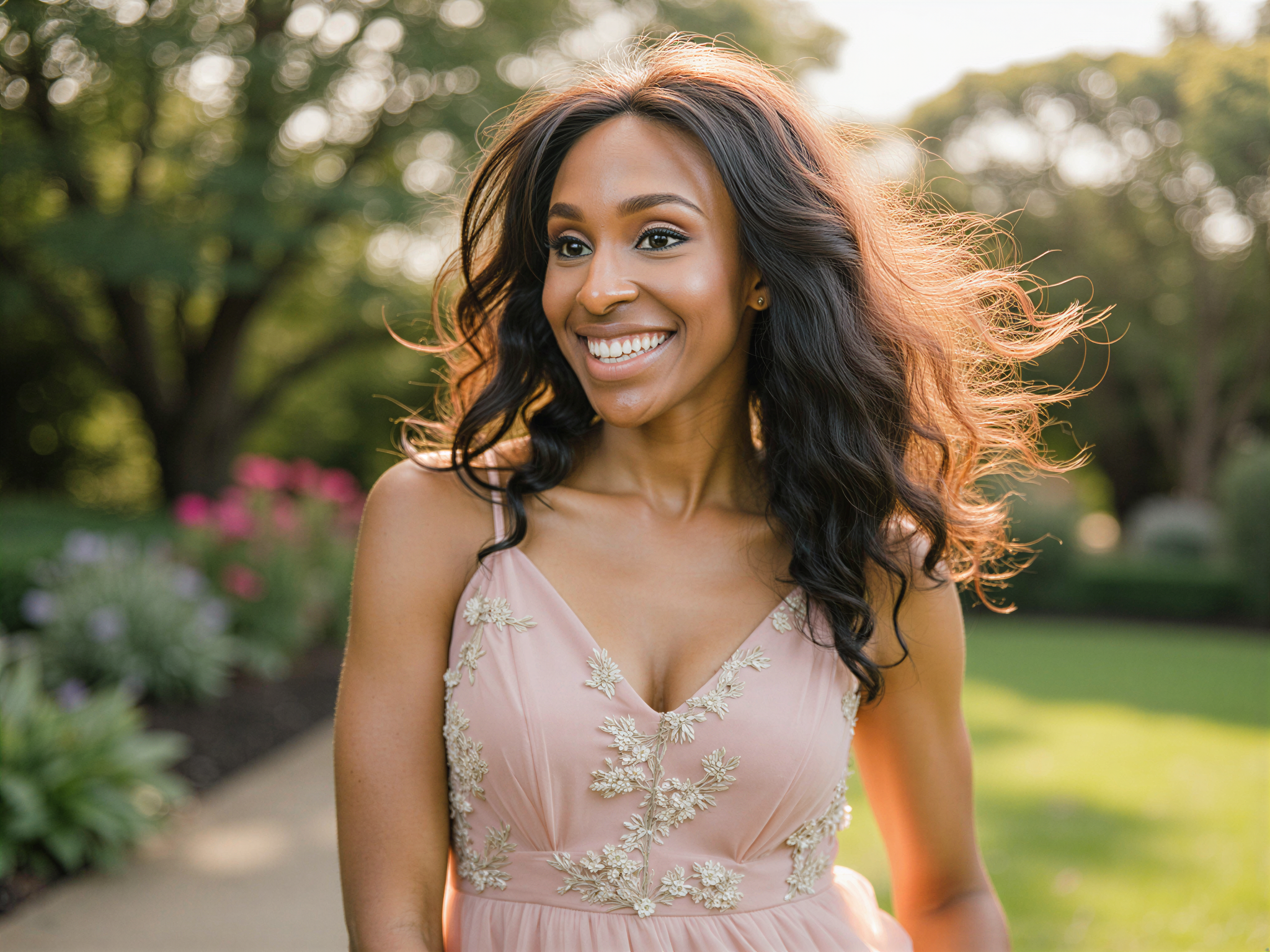 A joyful female figure, OD62S, aged 28, portrayed in a serene setting inspired by the essence of Diane Kruger. She is dressed in a delicate, flowing chiffon dress in soft pastel hues, adorned with intricate floral embroidery that dances around her. Her hair flows effortlessly in gentle waves, crowned with a subtle floral headpiece. The background features a picturesque garden bathed in golden hour lighting, with dappled sunlight filtering through the leaves, creating an ethereal atmosphere. Her expression radiates happiness, eyes sparkling with delight, embodying a carefree spirit. The composition balances dynamic movement and natural beauty, creating a harmonious visual narrative of joy and elegance.