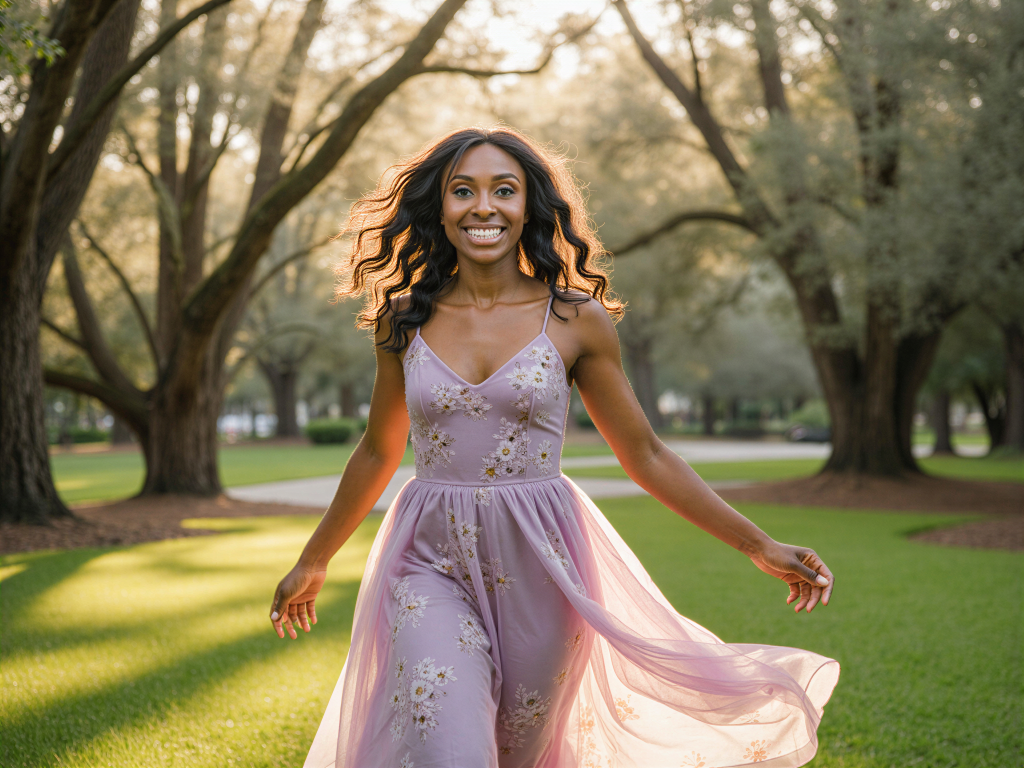 A joyful female figure, OD62S, aged 28, appears amidst the vibrant landscapes of Savannah. She wears a flowing, floral-printed chiffon gown that dances gracefully in the gentle breeze, showcasing hues of soft lavender and blush. The sun casts a warm, golden glow, illuminating her radiant smile as she spins playfully through a sun-dappled garden, framed by Spanish moss draping from ancient oak trees. Her hair cascades in loose curls, adorned with delicate wildflowers, evoking an enchanting, carefree spirit. The image captures the essence of happiness, blending fashion and nature in a serene yet lively atmosphere, perfect for a high-fashion editorial showcasing the charm of Southern elegance.