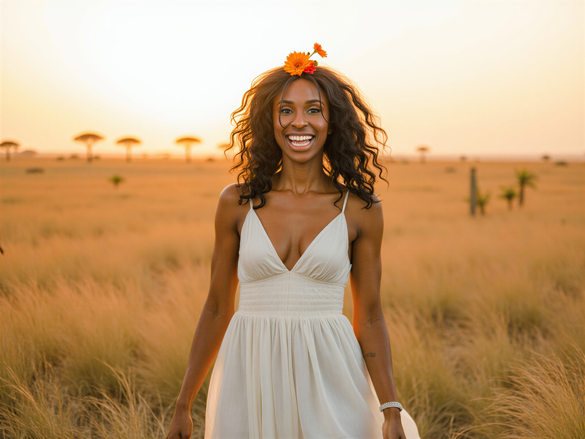 A joyful female individual, OD62S, aged 28, standing amidst the golden grasses of Serengeti National Park. She wears a flowing, breathable white maxi dress that dances in the warm breeze, with a cinched waist accentuating her silhouette. Her hair is styled in carefree beach waves, adorned with bright tropical flowers, capturing the essence of adventure. The sun casts a golden glow, illuminating her radiant smile and sparkling eyes. In the background, iconic acacia trees dot the horizon, creating a breathtaking view. The overall mood is one of happiness and freedom, embodying the spirit of exploration in nature's grandeur.