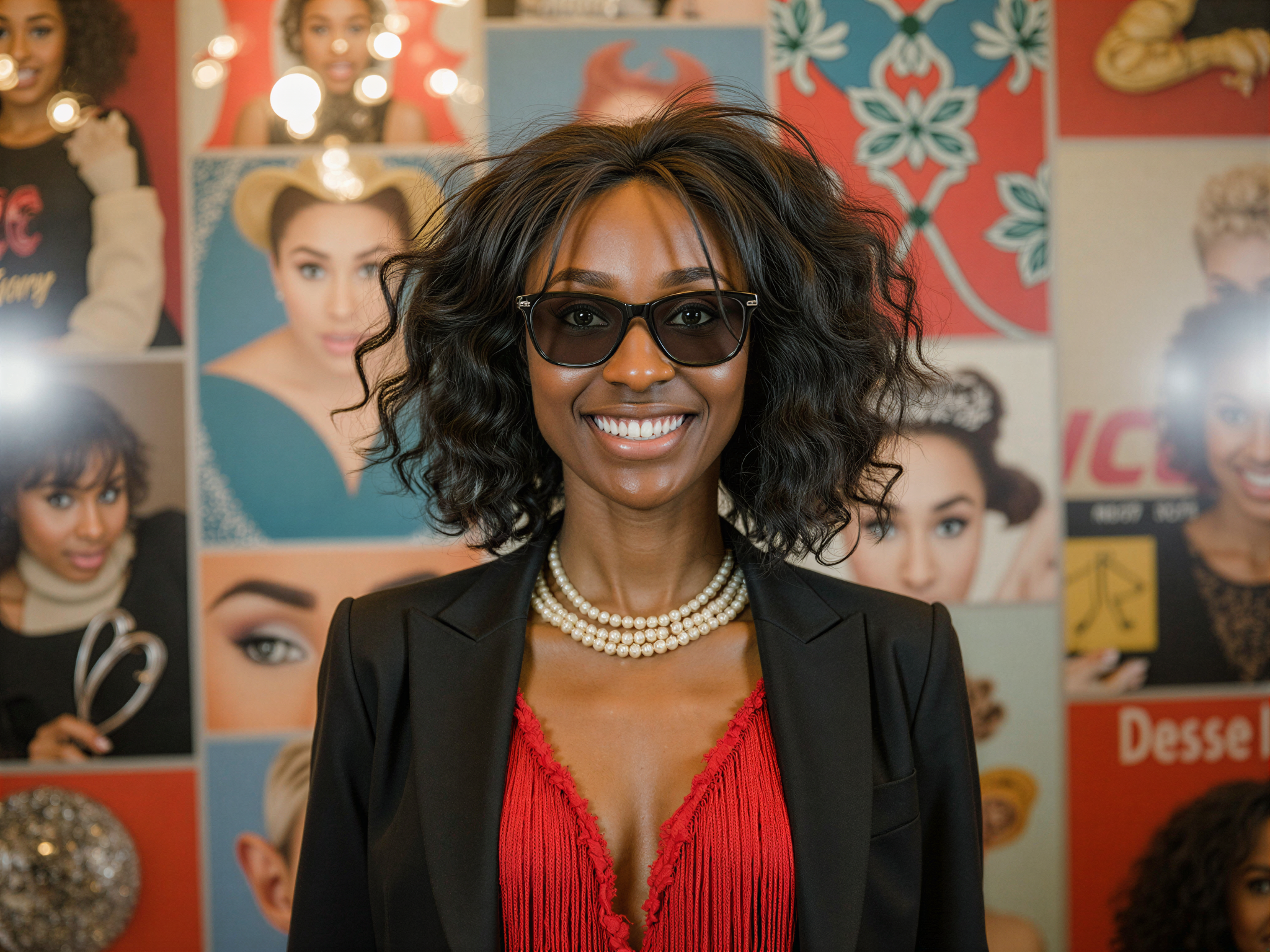 A vibrant and eclectic fashion editorial featuring a female model, OD62S, aged 28, styled to embody various time periods. The image showcases her in a modern ensemble layered over historical outfits: a 1920s flapper-inspired fringe dress coupled with a contemporary oversized blazer and chic platform heels. Accessories shift between eras, including vintage pearls and statement sunglasses. The backdrop features a whimsical collage of iconic elements from different decades—think retro wallpaper, disco balls, and bold pop art graphics. The model radiates happiness, her expression joyful and lively, capturing the essence of celebration and nostalgia, filled with vibrant colors and soft lighting to enhance the mood. The composition is dynamic, with a mix of angles and perspectives that evoke a sense of movement across time.