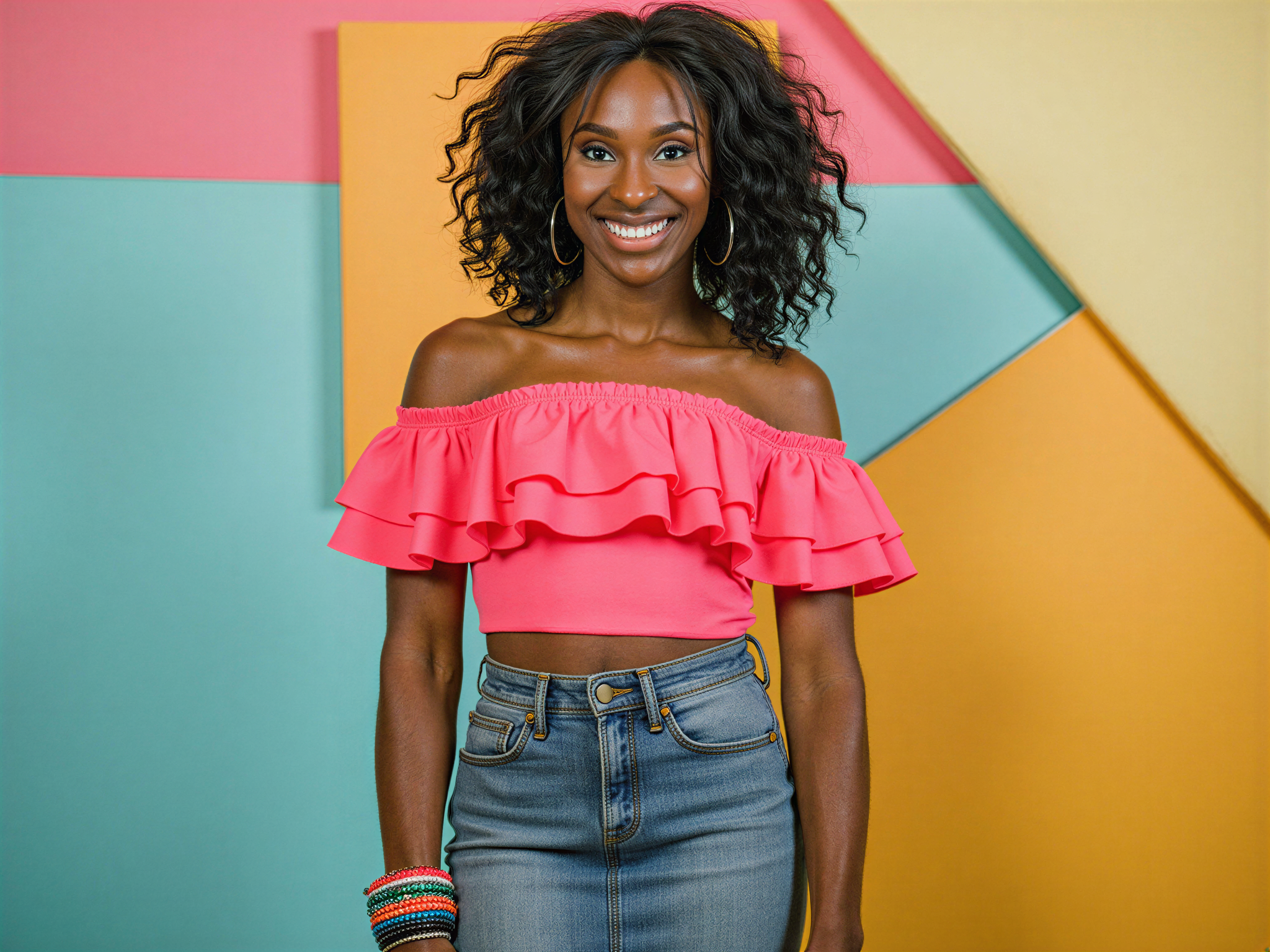 A vibrant, joyful female figure, OD62S, aged 28, encapsulating the exuberance of 1980s vintage fashion. She is styled in a high-waisted, acid-wash denim mini skirt paired with a cropped, off-the-shoulder neon pink top adorned with ruffles. Her hair is voluminous and permed, reminiscent of the era, accented with a scrunchie. Accessories include oversized hoop earrings and stacked bangles in bold colors. She stands against a backdrop of retro geometric patterns and playful pastel hues, reflecting a sense of nostalgic happiness. The lighting is bright and cheerful, casting soft shadows that enhance the joyful atmosphere and create a feeling of celebration from that iconic decade.