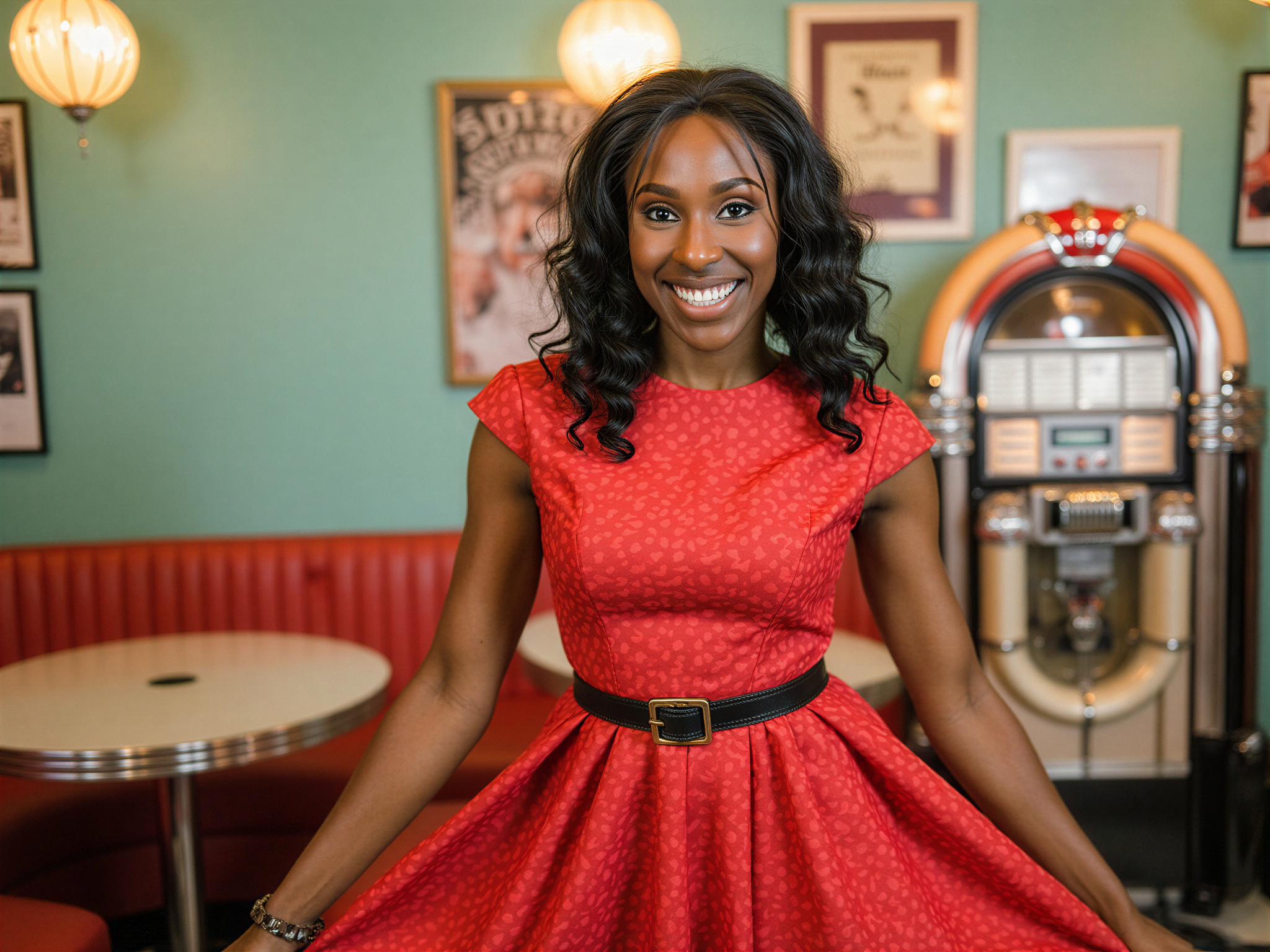 A vibrant and joyful 28-year-old female, OD62S, embodying the essence of Fifties retro fashion. She wears a classic polka dot swing dress in cherry red, cinched at the waist with a wide black belt, accentuating her hourglass figure. Her hair is styled in soft, voluminous curls adorned with a vintage headband. In a playful pose, she twirls, the skirt flaring out with movement, radiating happiness. The background features pastel-colored retro diner elements, like a jukebox and chrome accents, evoking nostalgia and cheerfulness. The lighting is bright and cheerful, enhancing the overall mood of joy and exuberance, perfect for a fashion editorial celebrating timeless elegance and fun.