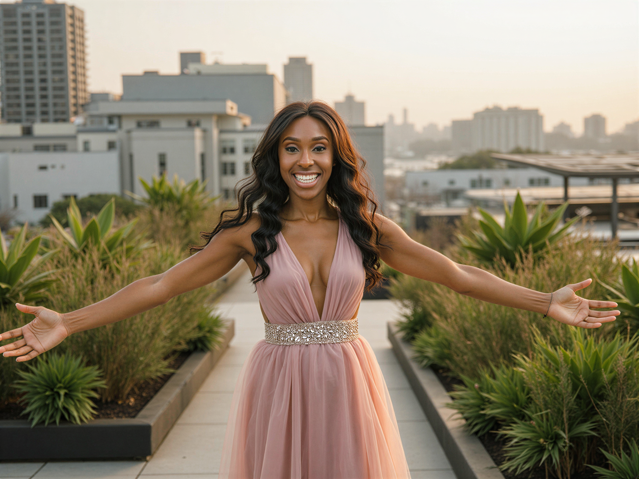 A female figure, OD62S, aged 28, embodies a bright, optimistic vision of the future. She stands in an urban rooftop garden filled with lush greenery and modern architecture bathed in warm sunlight. Dressed in a flowing, iridescent gown that shifts colors with the light, she exudes joy and positivity. Her hair is styled in soft waves that cascade over her shoulders, adorned with small, holographic accessories that catch the light. The background showcases a cityscape with solar panels and gardens, reflecting a sustainable future. Her pose is dynamic, arms spread wide as if embracing the world, with a wide, genuine smile that encapsulates a happy, hopeful mood. The composition captures a sense of freedom and possibility in this visionary scenario.