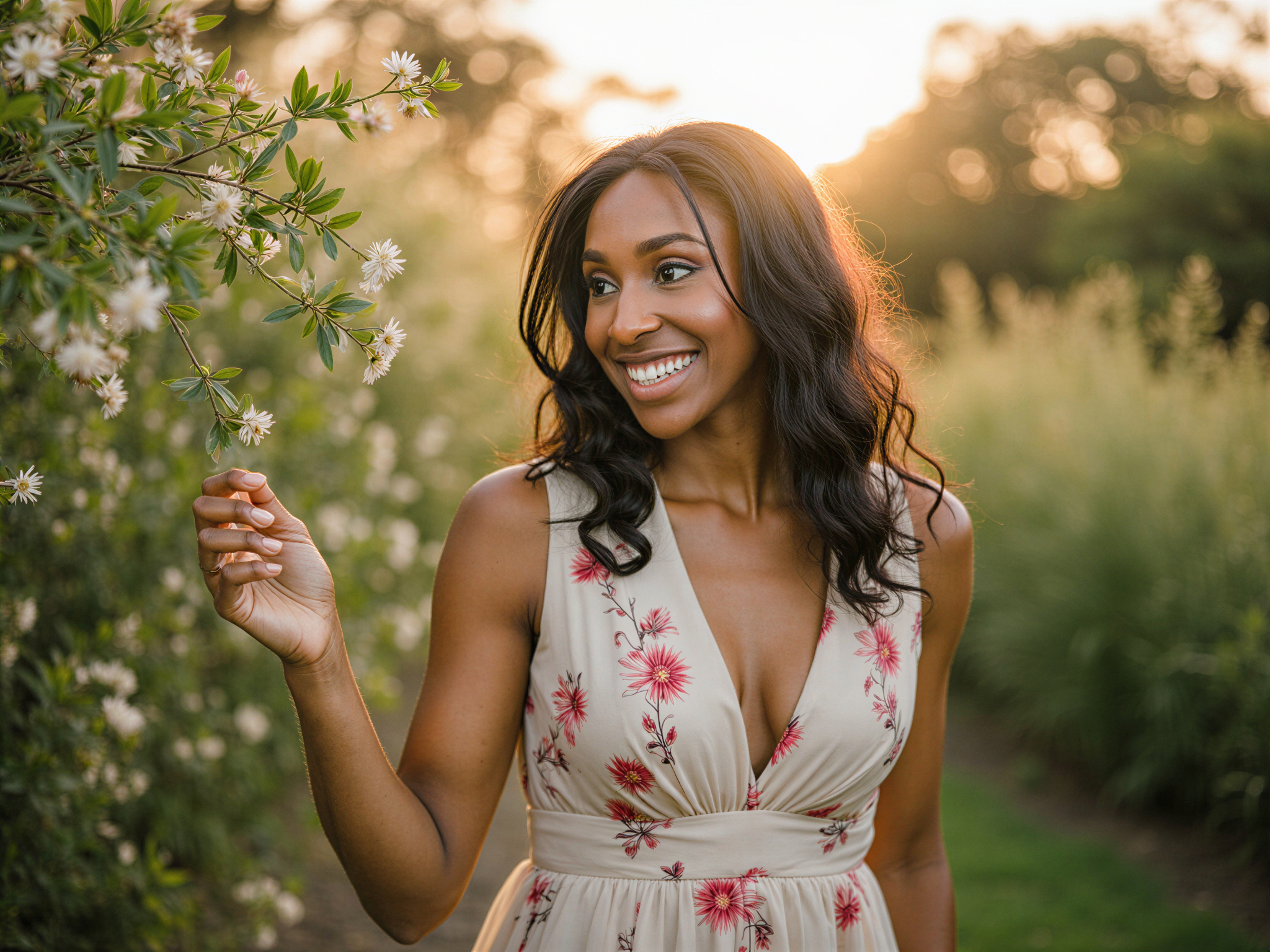 A joyful female figure, OD62S, aged 28, captured in the enchanting Royal Botanic Gardens during golden hour. She wears a softly flowing floral maxi dress, rendered in pastel colors that echo the blooms surrounding her. Her hair cascades in loose waves adorned with small wildflowers, enhancing the whimsical, romantic atmosphere. The sunlight filters through the lush foliage, casting dappled light that dances across her face, illuminating her radiant smile. The pose is playful, with one hand reaching towards a blossom and the other tucked elegantly at her side. The composition conveys a sense of peace and happiness, celebrating nature's beauty and the joy of the moment, crafted in a vibrant, photorealistic style.