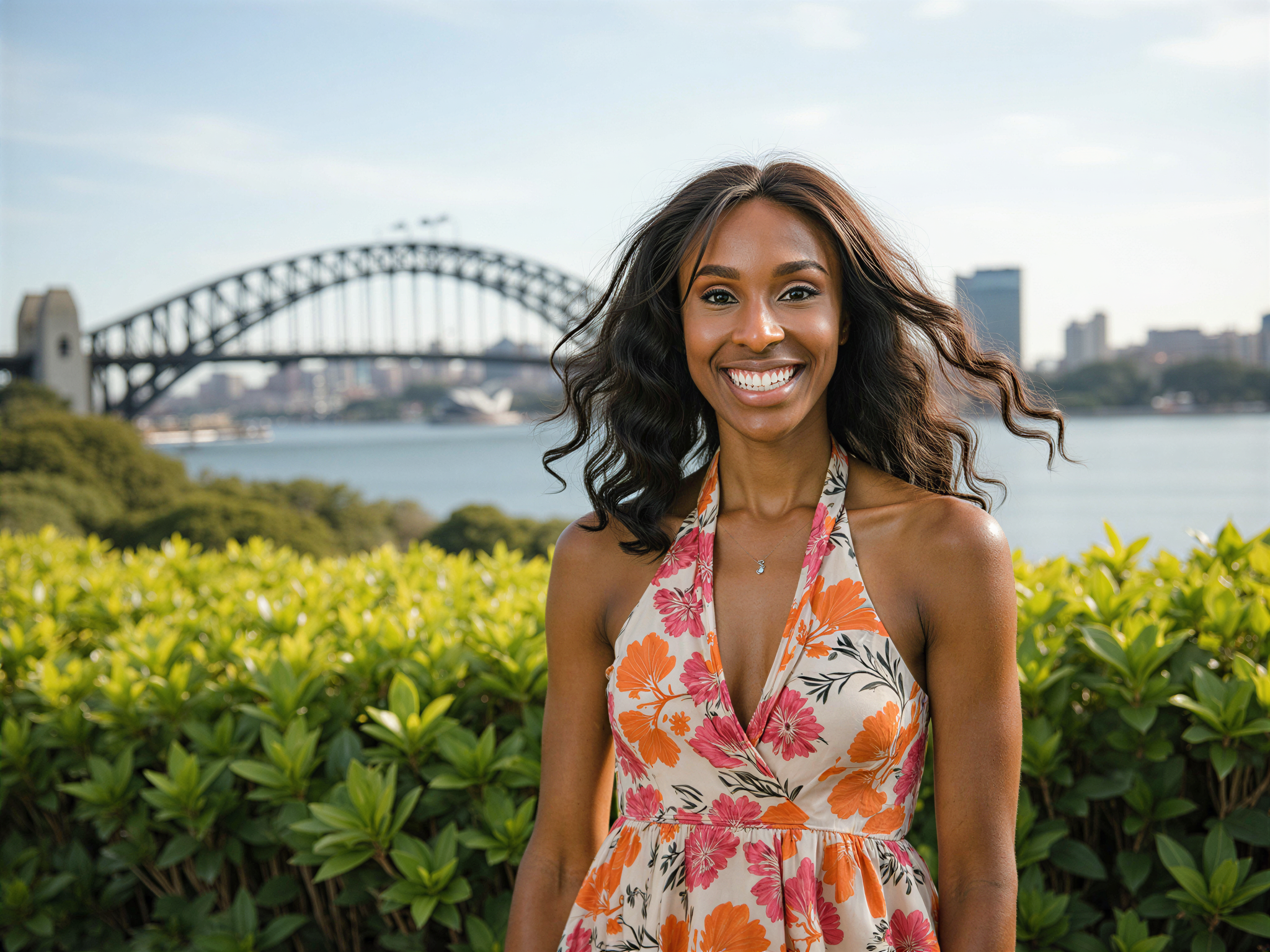A vibrant portrait of a 28-year-old female, OD62S, joyfully enjoying a sunny day in Sydney. She is wearing a flowy, floral sundress in bright colors, perfectly embodying the cheerful atmosphere of the Australian city. With the iconic Sydney Opera House and Harbour Bridge in the background, she stands amidst lush green foliage, her hair dancing in the breeze. Her smile radiates happiness, with sunlight casting a warm glow on her face. The composition emphasizes the beauty of the environment, capturing a moment of pure joy and vitality, reflecting the lively spirit of Sydney. The image is styled for a bright, editorial look, showcasing the essence of summer fun in an iconic urban setting.