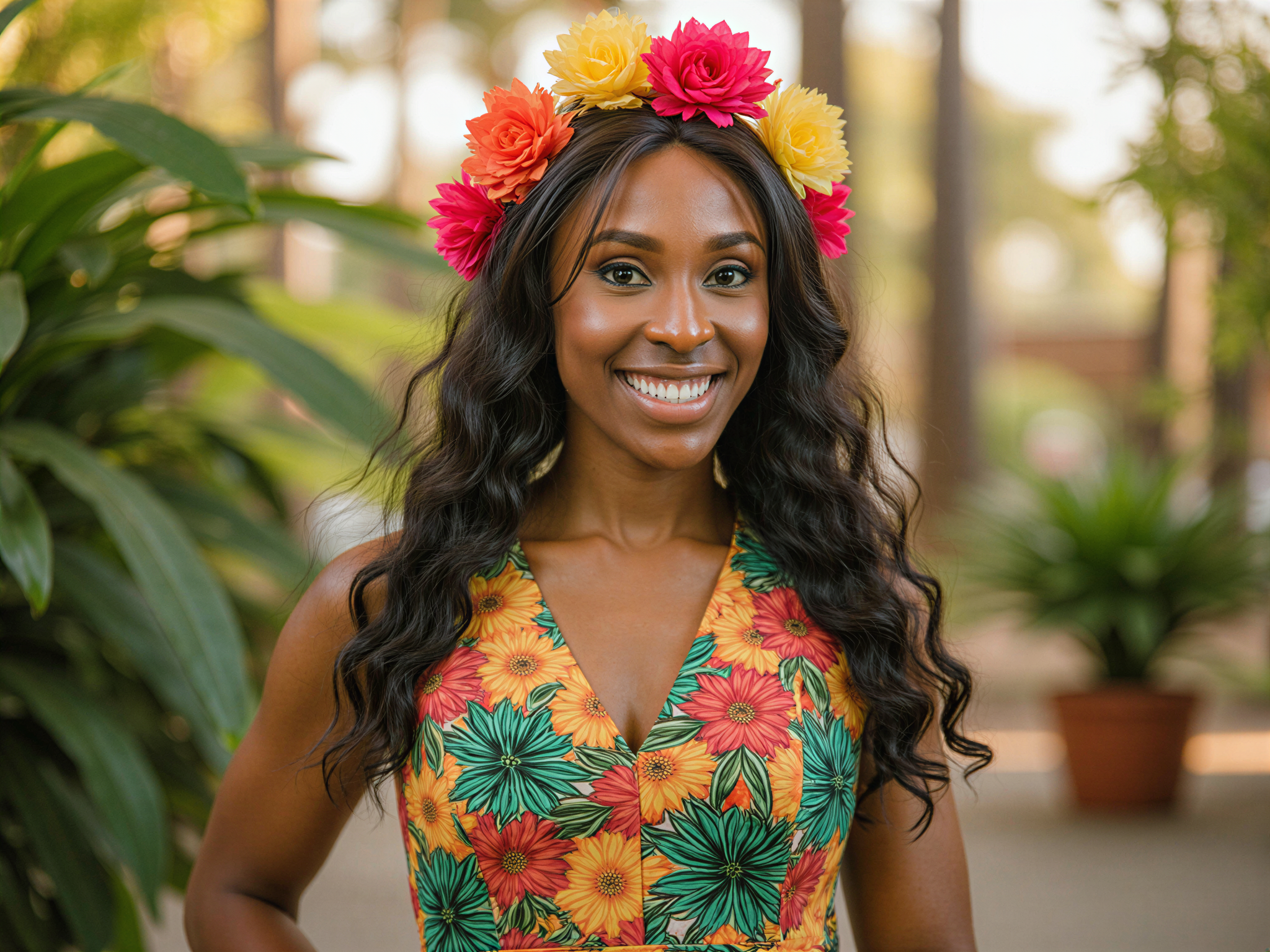 A vibrant, joyful portrait of a 28-year-old female model, OD62S, exuding the spirit of Brazil. She wears a colorful, flowing dress adorned with tropical patterns, capturing the essence of a Brazilian carnival. Her hair is styled in soft waves, adorned with bright floral accessories that echo the vivid colors of her outfit. The background features lush greenery and festive decorations, with warm sunlight filtering through, creating a golden glow. Her radiant smile and lively pose convey the happiness and energy of Brazilian culture, making it a captivating image that resonates with joy and celebration.