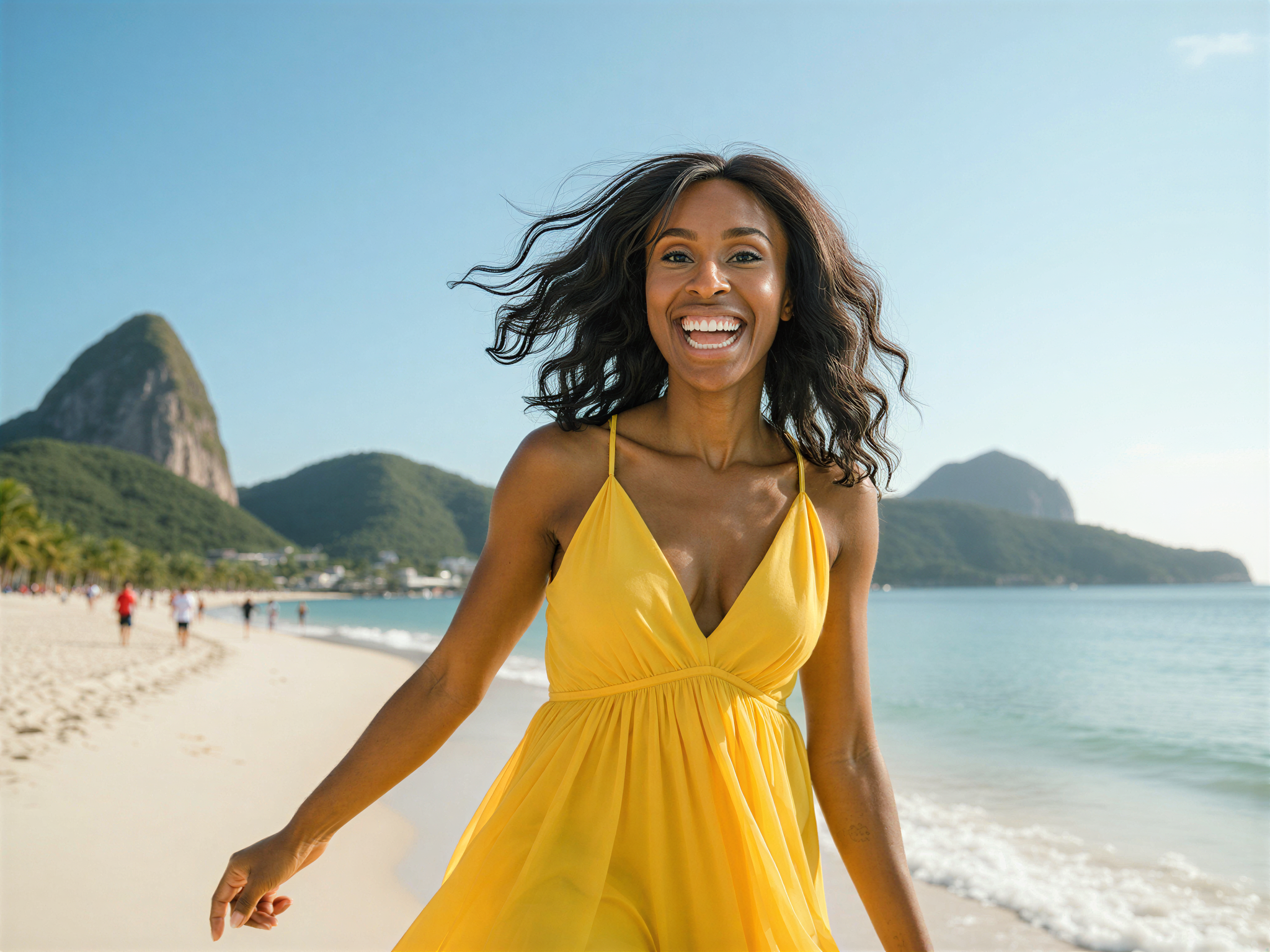 A joyful female figure, OD62S, aged 28, dancing along the vibrant beaches of Rio de Janeiro. She is adorned in a flowy, brightly colored maxi dress made of light chiffon, catching the breeze around her. The iconic Sugarloaf Mountain looms in the background, under a dazzling blue sky, while the sun casts a warm, golden hue over the scene. Her hair flows freely in the wind, and a radiant smile graces her face, embodying the exuberance of Brazilian culture. The composition is infused with energy and celebration, showcasing the essence of happiness in a photorealistic style.