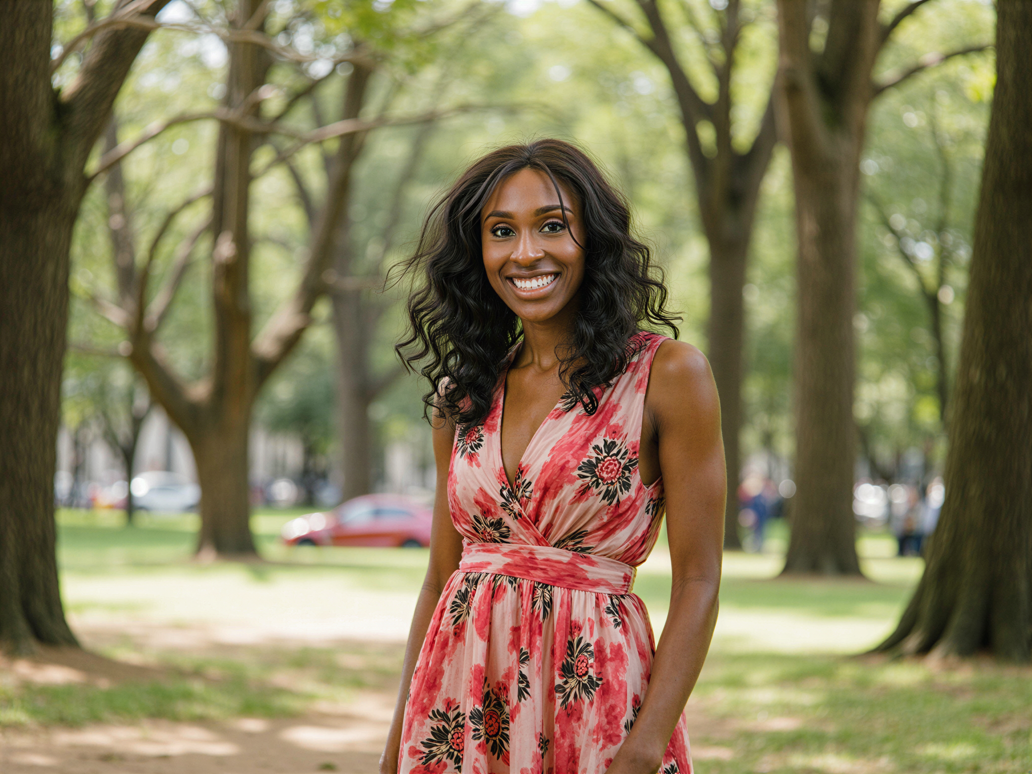 A vibrant outdoor portrait of a female subject, OD62S, aged 28, radiating happiness as she poses gracefully in Ibirapuera Park, São Paulo. She is dressed in a flowing, floral maxi dress made of lightweight chiffon that dances with the gentle breeze, its bright colors echoing the beauty of the surrounding lush greenery. The sunlight filters through the trees, casting playful dapples of light on her face, accentuating her joyful expression and sun-kissed skin. Her hair cascades in loose waves around her shoulders, and she is leaning slightly to one side, with one hand tucked playfully into her pocket while the other is gracefully lifted, holding a delicate flower. The atmosphere is infused with warmth and life, celebrating a carefree moment in this iconic urban oasis. The composition employs the rule of thirds, creating a balanced yet dynamic visual narrative.