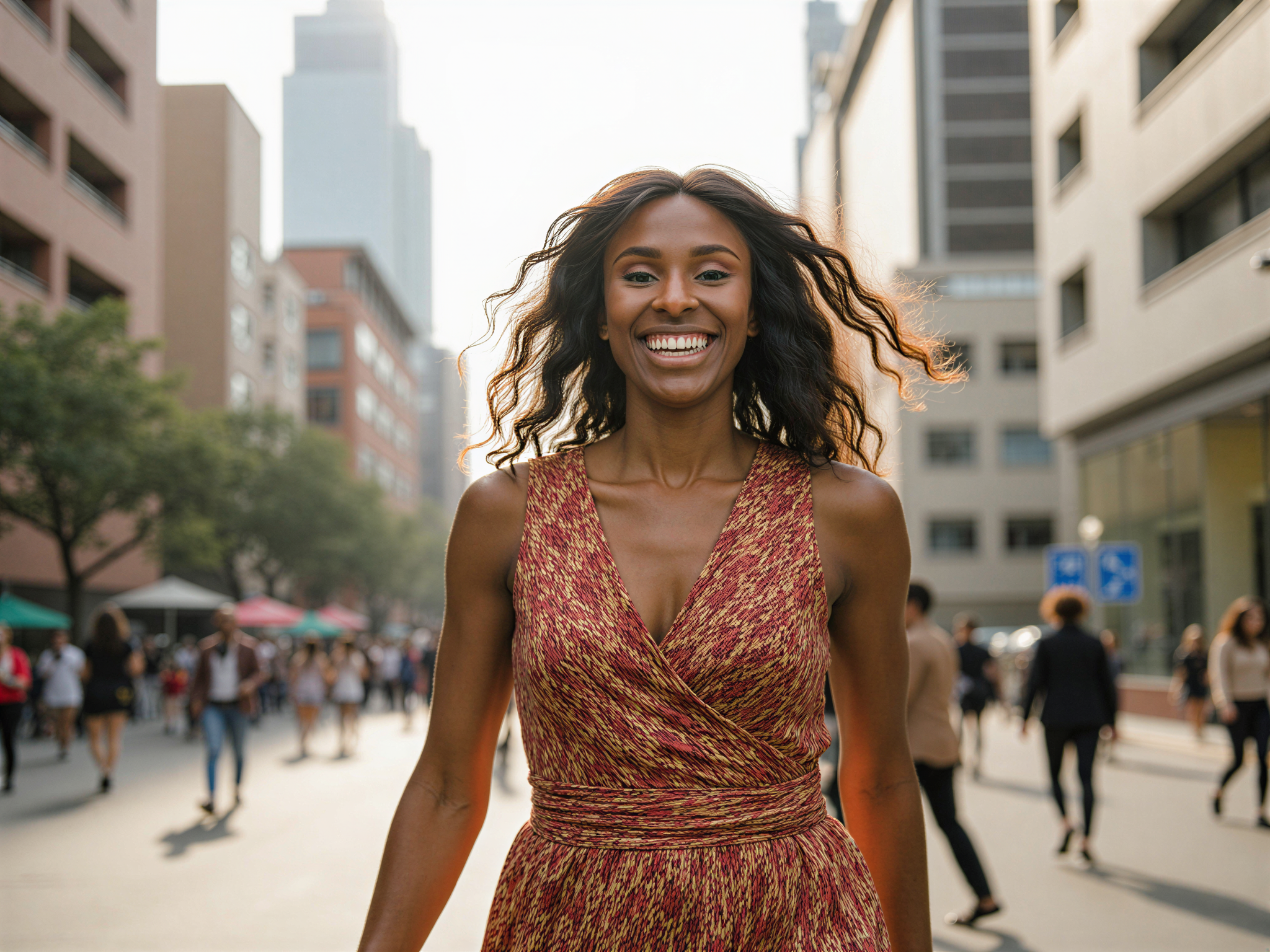 A joyful female figure, OD62S, aged 28, radiates happiness as she strolls along Paulista Avenue in São Paulo. Dressed in a vibrant, patterned wrap dress that dances around her with the city's energy, she embodies the lively spirit of urban life. Her hair flows freely with soft curls, catching the sunlight as she smiles brightly, embodying the vibrancy of the city. The background features the iconic skyline and bustling street life of Paulista Avenue, adding to the sense of movement and excitement. The warm sunlight enhances the scene, promoting a cheery and uplifting atmosphere that reflects the character's exuberance.