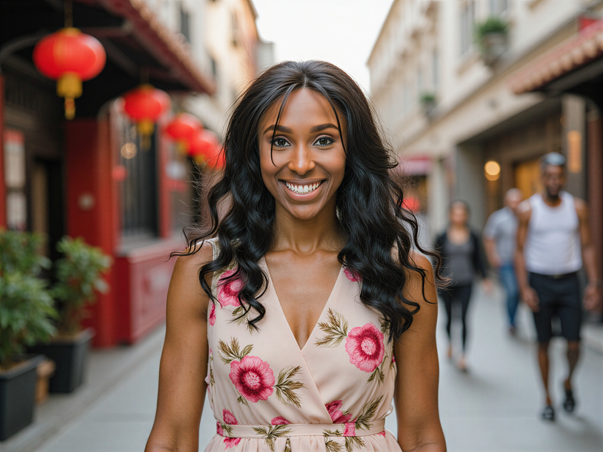 A vibrant street portrait of a joyful female, OD62S, aged 28, captured in the bustling streets of Beijing. She wears a flowing, lightweight chiffon dress adorned with floral patterns, perfectly capturing the spirit of spring. Her long hair is styled in loose waves that tumble over her shoulders, and her cheerful smile radiates warmth against the backdrop of traditional Beijing architecture. The lighting is bright and inviting, casting a gentle glow that highlights her effortless elegance. The image conveys a sense of happiness and freedom, showcasing the beauty of both the subject and her surroundings in a harmonious blend of cultural richness.