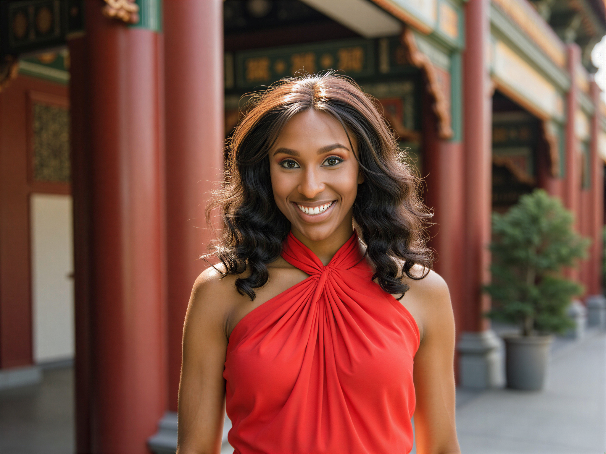 A joyful female figure, OD62S, aged 28, stands gracefully in the enchanting surroundings of the Forbidden City. She is adorned in a flowing silk gown in vibrant hues of ruby and gold that mirror the ornate architecture around her. Her hair is styled in soft, cascading waves adorned with delicate floral accents. The sunlight filters through the ancient structures, casting playful shadows that dance around her, enhancing her radiant smile. She strikes a pose that embodies freedom and delight, perfectly capturing the vivid culture and historical opulence of the Forbidden City while evoking a sense of wonder and happiness.