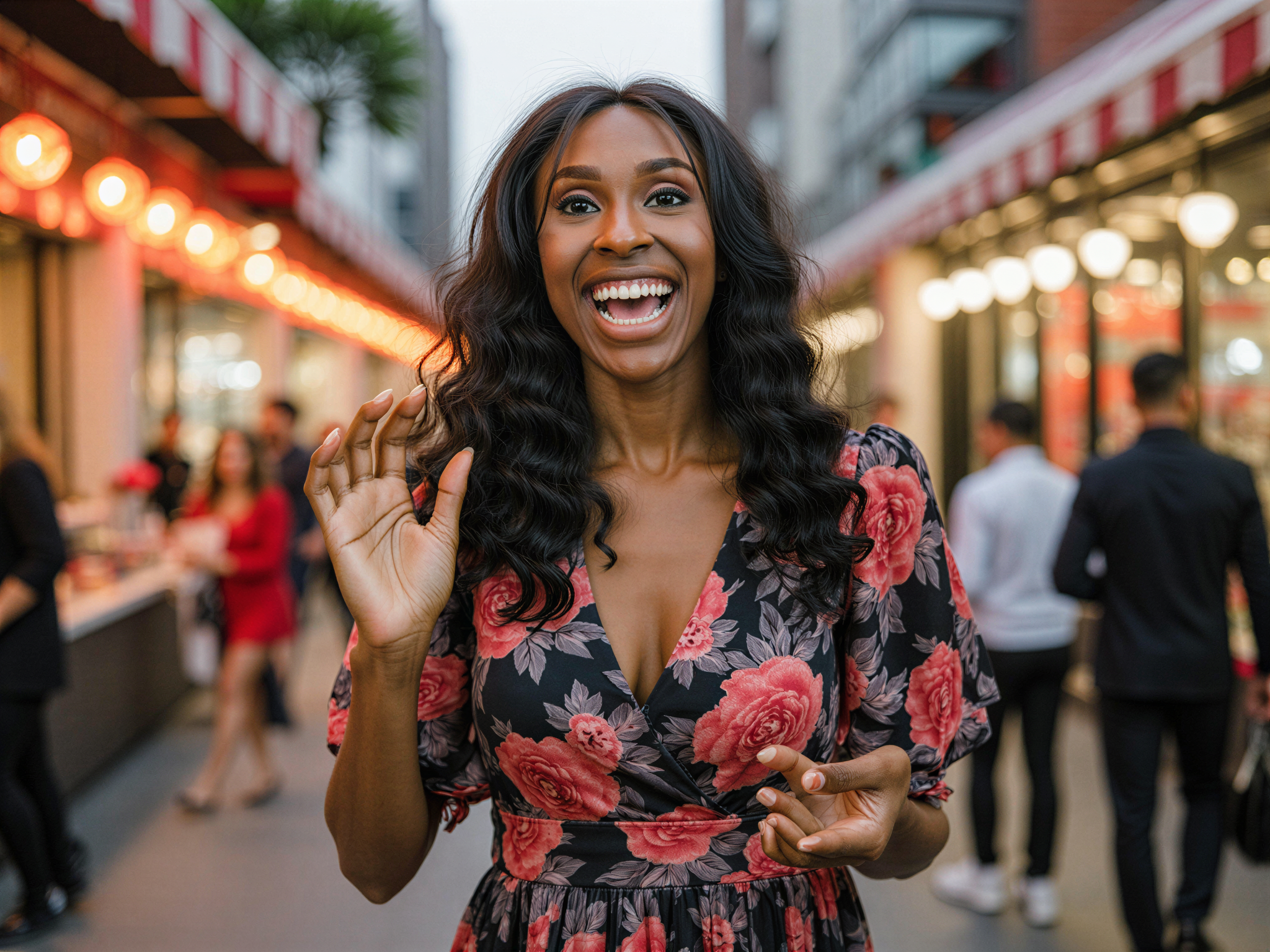 A vibrant street scene in Shanghai featuring a female subject, OD62S, aged 28, radiating joy and warmth. She is dressed in a flowing, colorful floral midi dress with billowy sleeves that flutter gently in the breeze. Her hair cascades in loose waves, adorned with a delicate hairpin. The background showcases the dynamic energy of Shanghai, with bustling street markets and neon lights shimmering in the evening glow. Her pose is playful, mid-laugh, with one hand waving towards the camera, capturing a moment of pure happiness against the lively urban backdrop. The image is full of life, reflecting the joy of exploration and the cultural richness of the city.