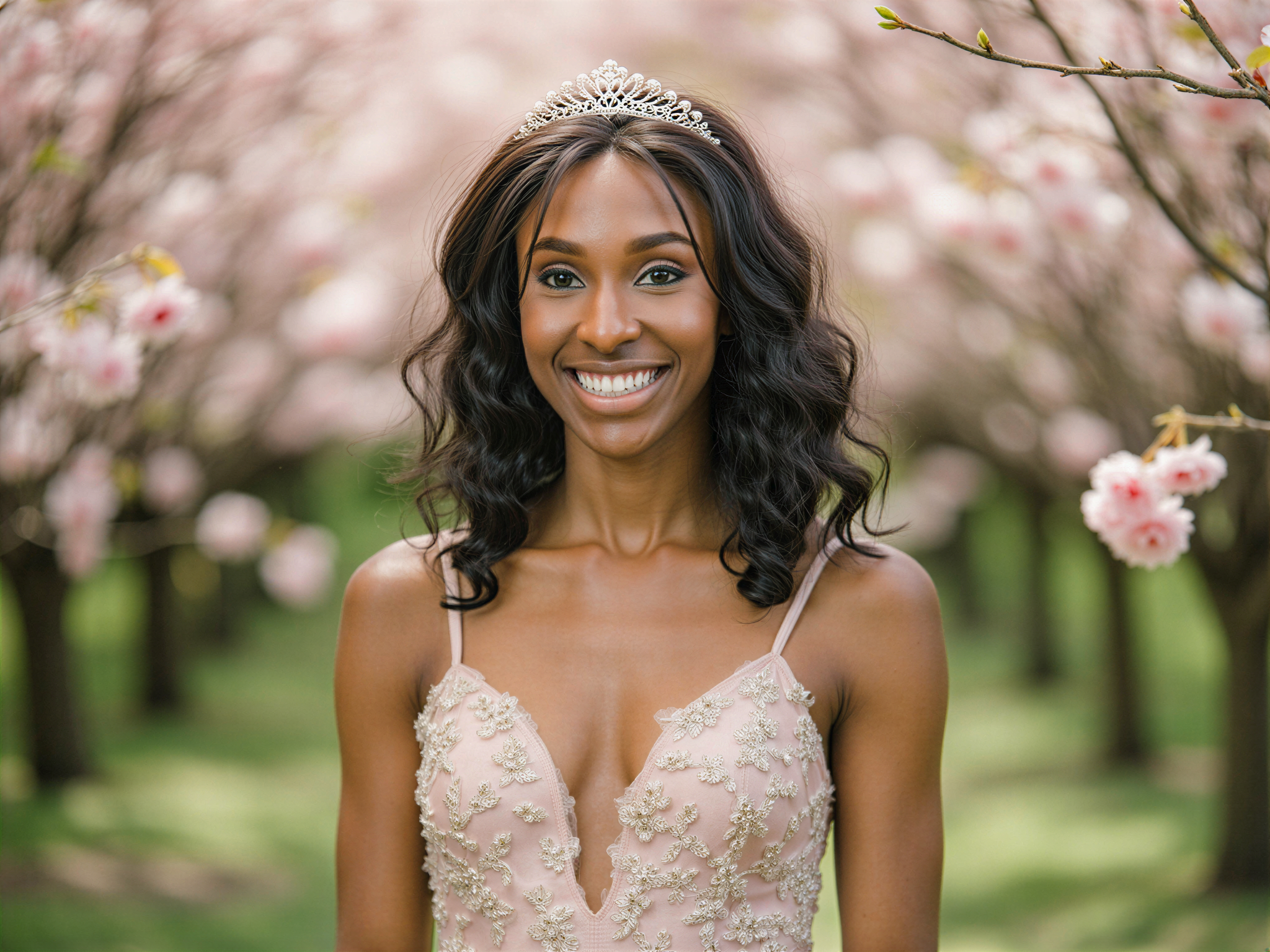 A joyful 28-year-old female model, OD62S, is adorned in an exquisite gown inspired by the hues of the Oriental Pearl. The dress features iridescent silk that shimmers in shades of pearl pink and subtle sea green, with hand-embroidered floral details cascading from the bodice down to a flowing train. Her hair is styled in loose curls, a delicate pearl tiara resting atop her head, reflecting her cheerful demeanor. She stands in a sunlit garden, surrounded by blooming cherry blossoms, creating an enchanting fairytale-like ambiance that captures her happiness. The composition is framed to emphasize the interplay of light and color, celebrating the carefree spirit of the moment with a soft, dreamy focus.