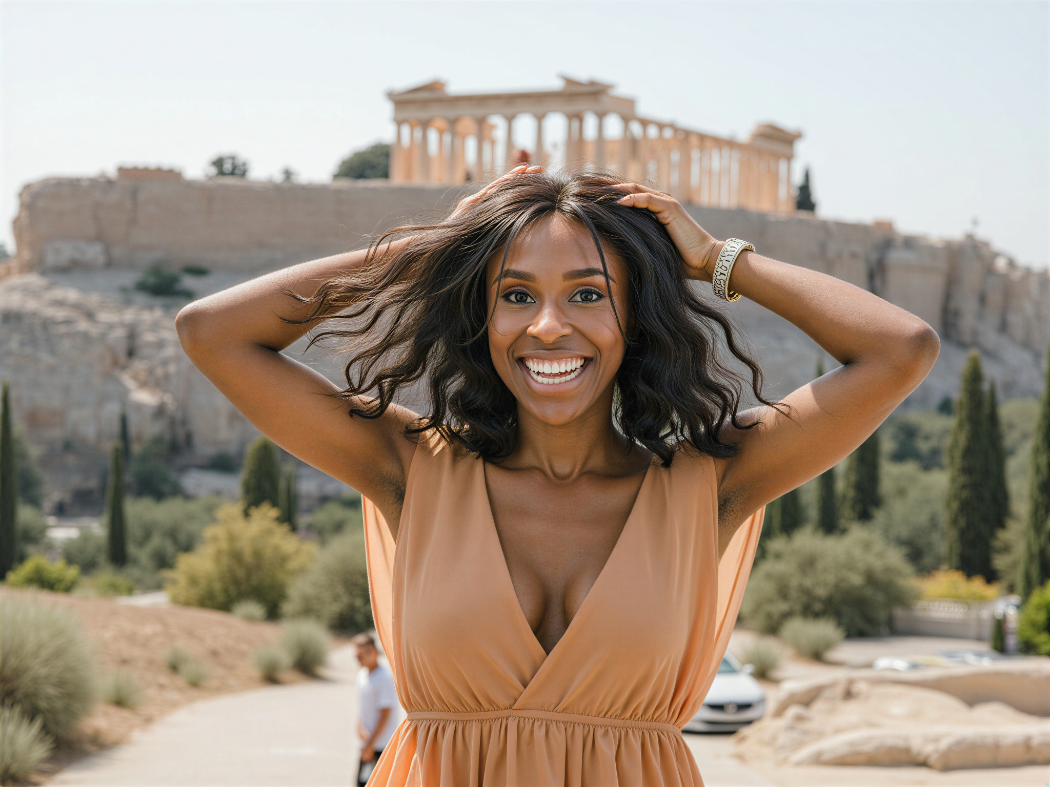A vibrant and cheerful female, OD62S, aged 28, standing in front of the iconic Acropolis in Athens, Greece. She is dressed in a flowing, earth-toned sundress that echoes the ancient landscape. The soft Mediterranean sunlight casts a warm glow across her radiant smile, illuminating her sun-kissed skin. Her hair flows gently in the breeze, adorned with a delicate floral crown that adds a touch of whimsy. The background showcases the majestic Parthenon, evoking a sense of timeless beauty. Her pose is energetic, with arms raised in joy, capturing the essence of happiness against the historical grandeur of the Acropolis. The composition uses natural lighting to enhance the mood, while vibrant colors and a shallow depth of field draw focus to her exuberant spirit as she revels in the beauty of her surroundings.