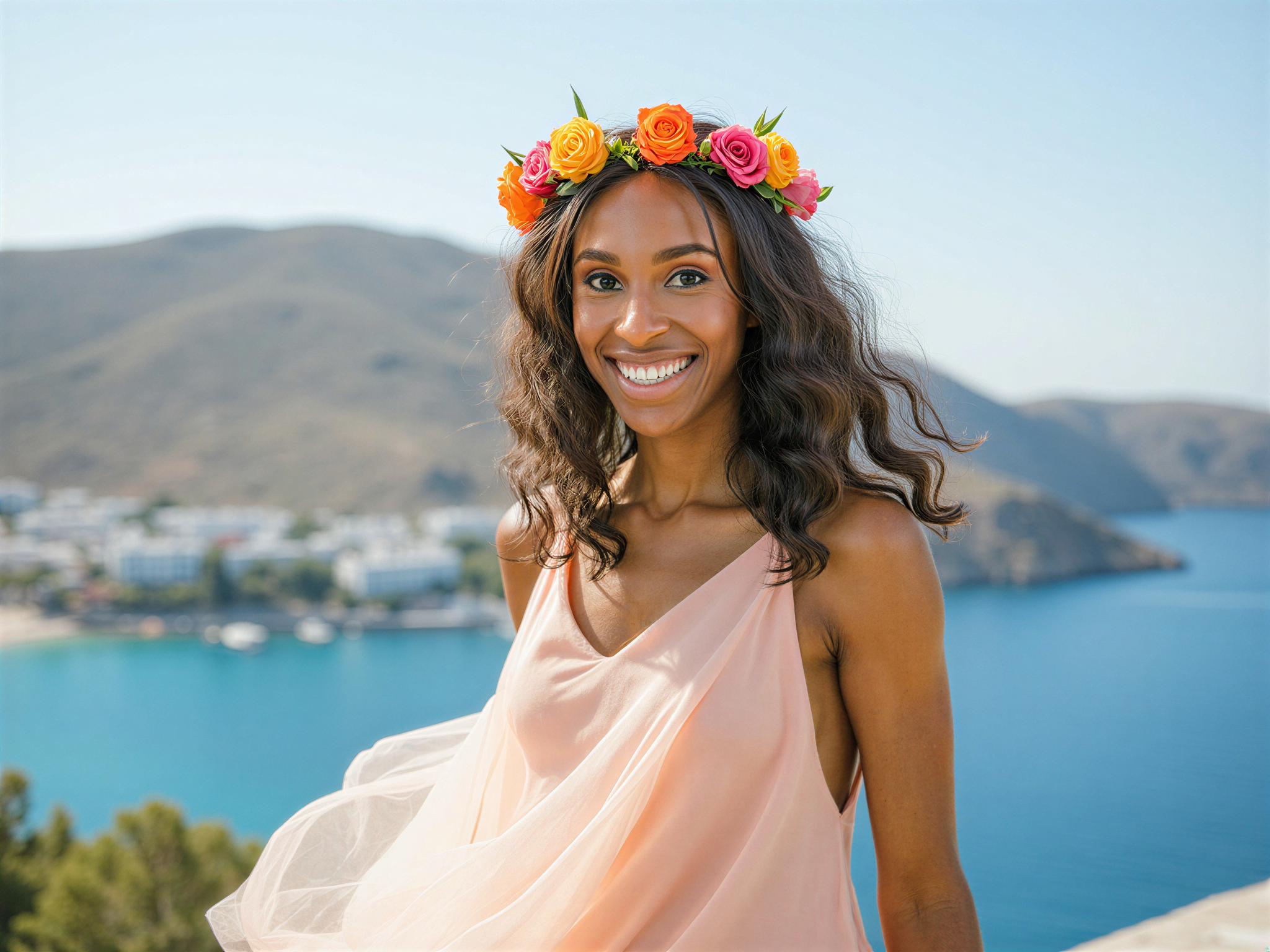 A joyful female figure, OD62S, aged 28, basking in the sun-drenched beauty of Mykonos. She wears a flowing, pastel-colored maxi dress that dances with the cool breeze, showcasing delicate chiffon layers that catch the sunlight. With her hair styled in soft beachy waves adorned with a vibrant flower crown, her radiant smile complements the azure backdrop of the Aegean Sea and iconic whitewashed buildings. The scene embodies a lively, carefree summer spirit, capturing the essence of happiness and the idyllic charm of Mykonos. The composition employs natural lighting to enhance the warmth of the moment, creating a vibrant, uplifting atmosphere.