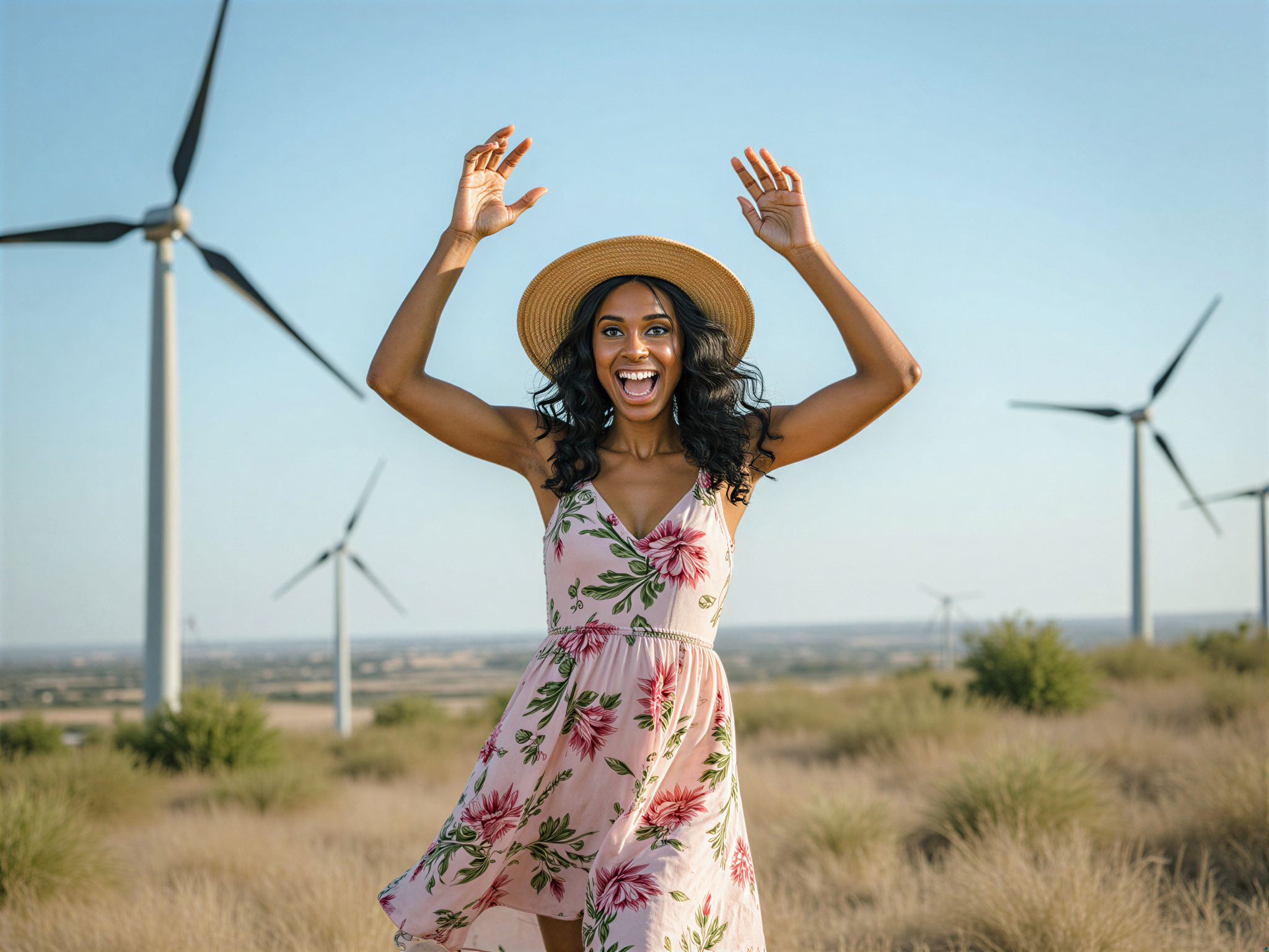 A joyful female figure, OD62S, aged 28, standing amidst a picturesque landscape dotted with majestic windmills. She is dressed in a flowing midi dress adorned with vibrant, blooming florals that dance in the gentle breeze. Her hair cascades in loose waves, catching the sunlight, while a playful wide-brimmed straw hat adds a touch of whimsy. With arms raised in a carefree gesture, she embodies the spirit of freedom and happiness. The windmills rotate gracefully in the background against a clear blue sky, framing her as she radiates pure joy and vitality, all captured in a bright, energetic color palette that enhances the cheerful mood.