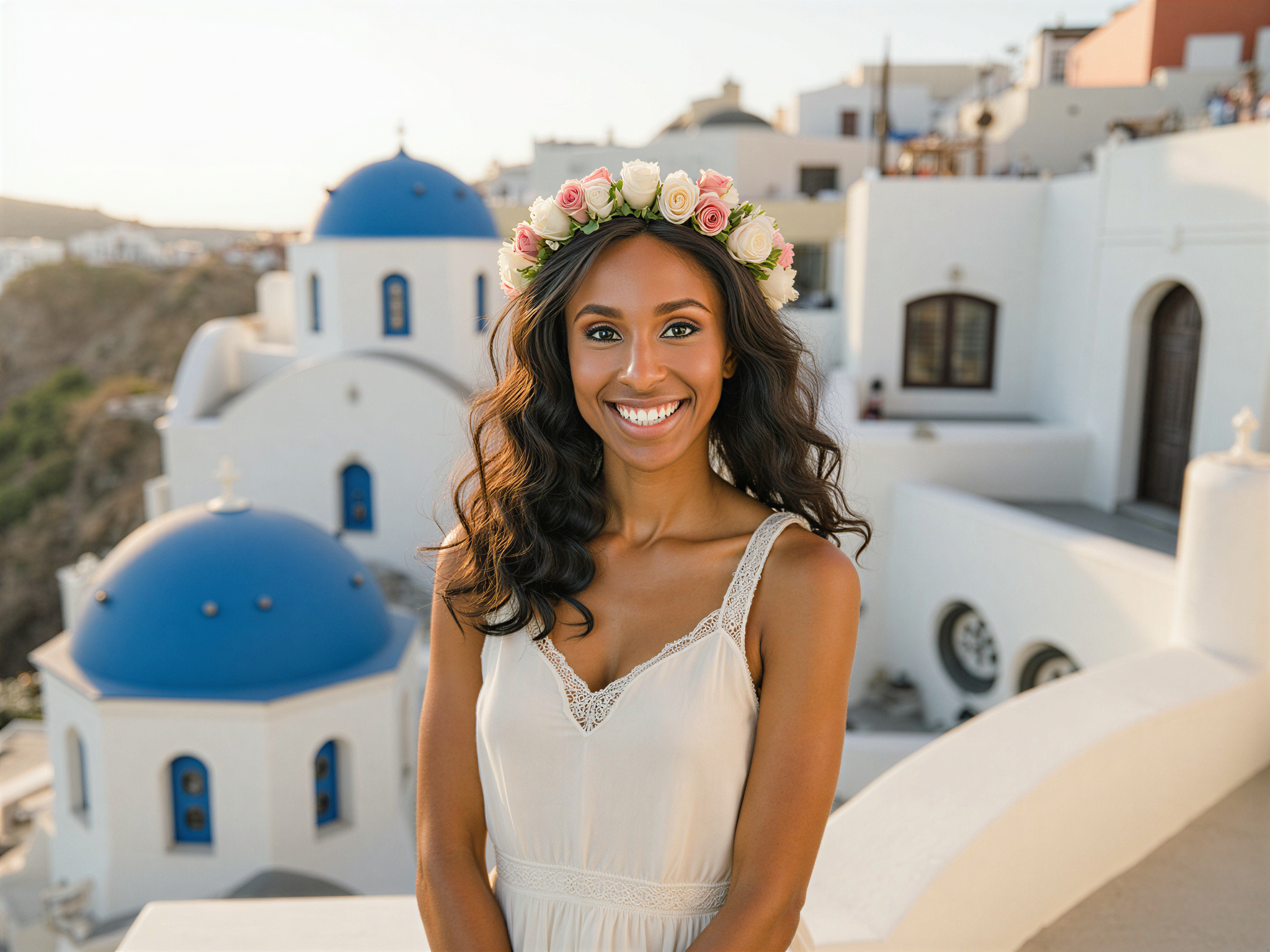 A joyful female individual, OD62S, aged 28, captured in the stunning setting of Oia, Santorini. She wears a flowing, lightweight white sundress that dances in the gentle Aegean breeze, its delicate lace trim catching the sunlight. The iconic blue-domed buildings and wrought-iron balconies of Oia create a picturesque backdrop, bathed in golden hour light that enhances her radiant smile. Her hair cascades down in soft waves, accented by a floral crown of white and blush blooms. The composition is vibrant and full of life, inviting viewers into a sun-kissed moment of bliss and serenity, embodying the dreamy essence of summer in Greece.