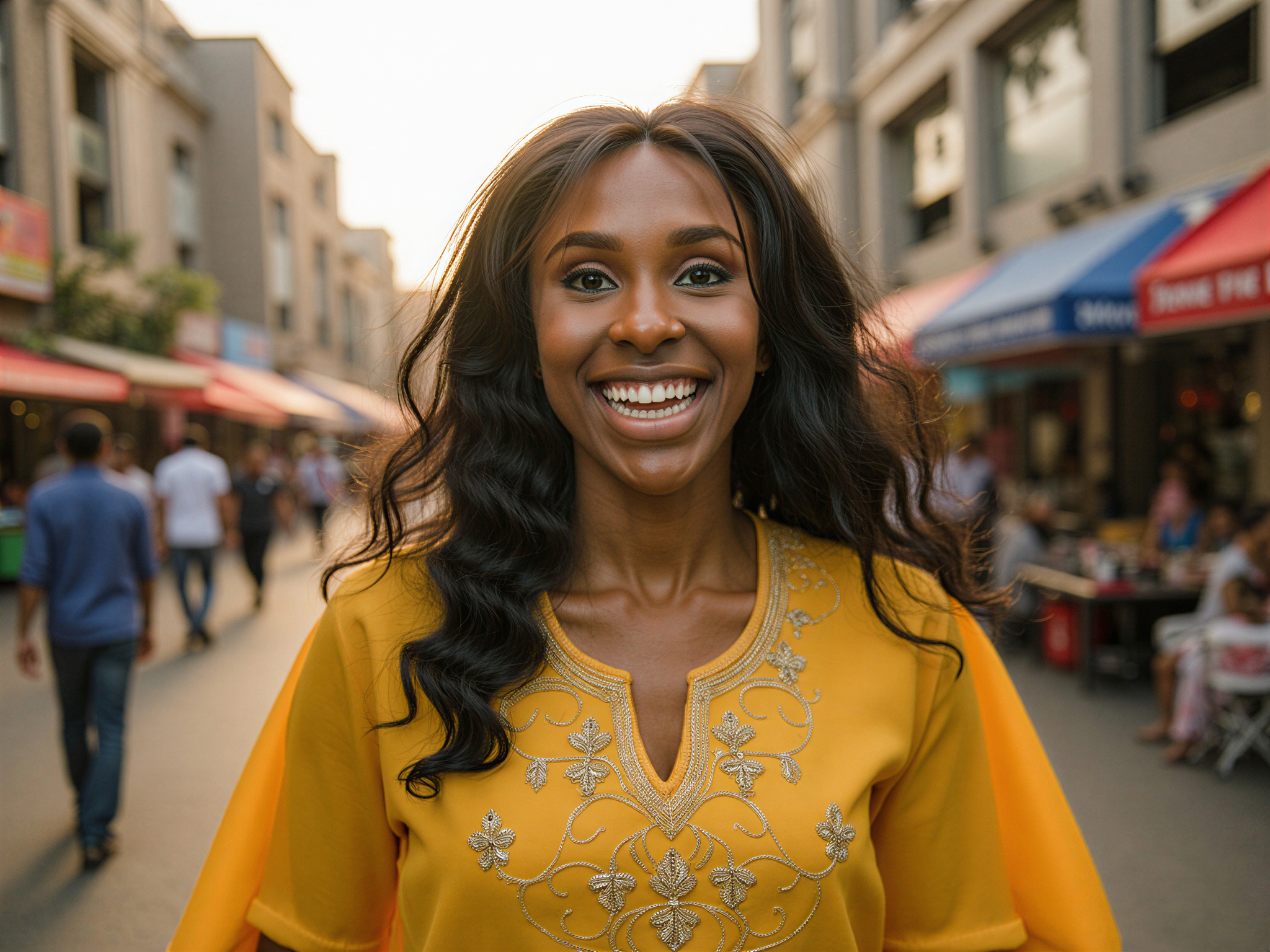 A joyful female figure, OD62S, aged 28, captured in a vibrant Mumbai setting. She wears a flowing, bright yellow kurta adorned with intricate embroidery and delicate silver jewelry that glimmers in the warm sun. Her hair flows freely around her shoulders, and her radiant smile lights up the scene. The backdrop features bustling Mumbai streets, filled with colorful markets and lively local culture, enhancing the mood of happiness and celebration. Soft, golden hour lighting envelops the scene, casting a warm, welcoming glow that accentuates her joyful demeanor, creating a striking, photorealistic image of urban life.