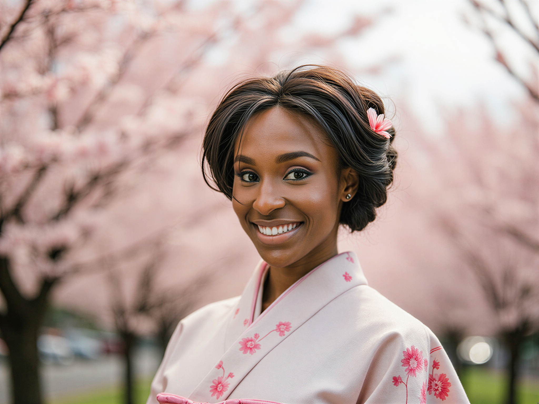 A joyful female figure, OD62S, aged 28, set against the vibrant backdrop of Japan's cherry blossom season. She is dressed in a modern kimono with delicate floral patterns in soft pastels, harmonizing with the blooming sakura trees. Her hair is styled in elegant updos adorned with traditional kanzashi hairpins. The soft morning light filters through the blossoms, casting a warm glow, emphasizing her radiant smile and lively spirit. The composition highlights the cultural richness of Japan while exuding an atmosphere of happiness and celebration, reminiscent of a serene spring day. Captured with shallow depth of field to focus on her expression amidst the stunning scenery.
