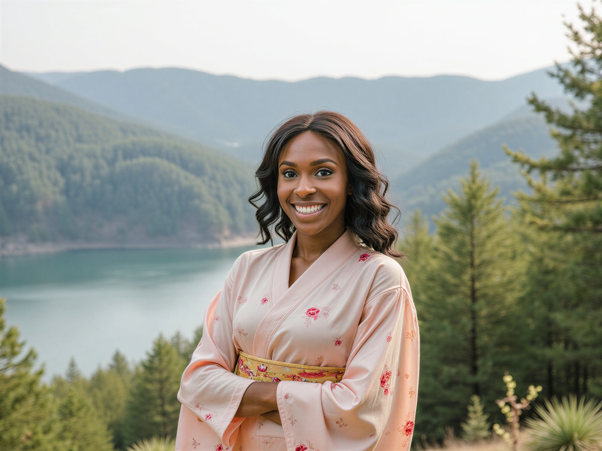A joyful female figure, OD62S, aged 28, basking in the tranquil beauty of Hakone, Japan. She wears a flowing, pastel kimono adorned with delicate cherry blossom patterns that flutter gently in the mountain breeze. The soft, dappled sunlight filters through the lush greenery, illuminating her radiant smile and twinkling eyes. The backdrop features the iconic views of Hakone's serene lakes and rolling hills, creating an atmosphere of peace and delight. The composition highlights her connection to nature and joy, embodying the spirit of wanderlust and happiness. The lighting is soft, enhancing her features while capturing the vibrant colors of her ensemble and the natural landscape.