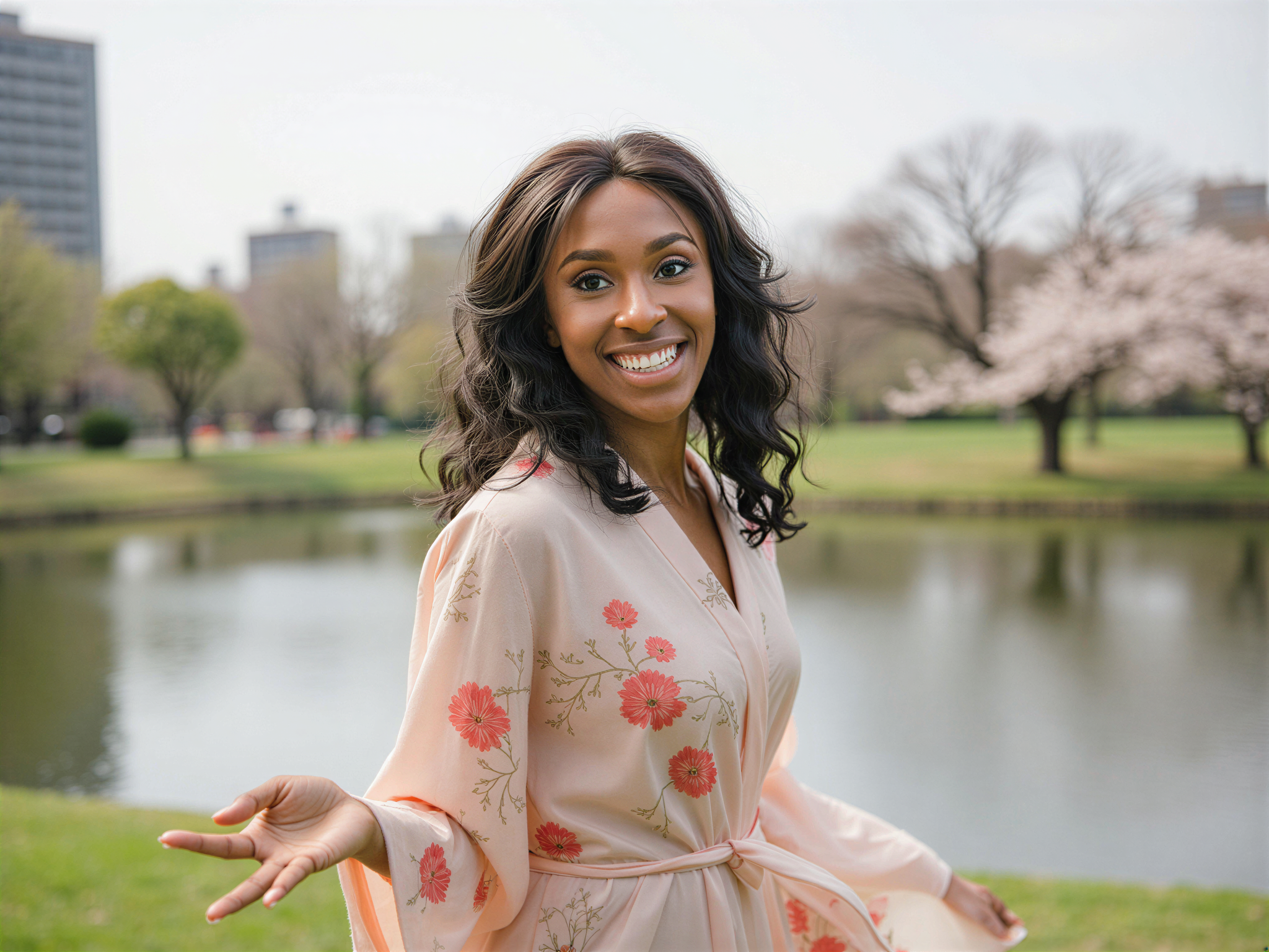 A joyful female figure, OD62S, aged 28, basking in the bright spring sunlight in Nara, Japan. She wears a flowing, pastel-colored kimono adorned with delicate floral patterns, the fabric catching the breeze. Her hair is styled in loose, cascading waves, topped with soft cherry blossom hairpins. She stands in a tranquil park, with a serene lake and blooming cherry trees framing her. The pose reflects happiness, with her arms outstretched and a radiant smile, capturing the essence of joy and serenity in a hyper-realistic manner.