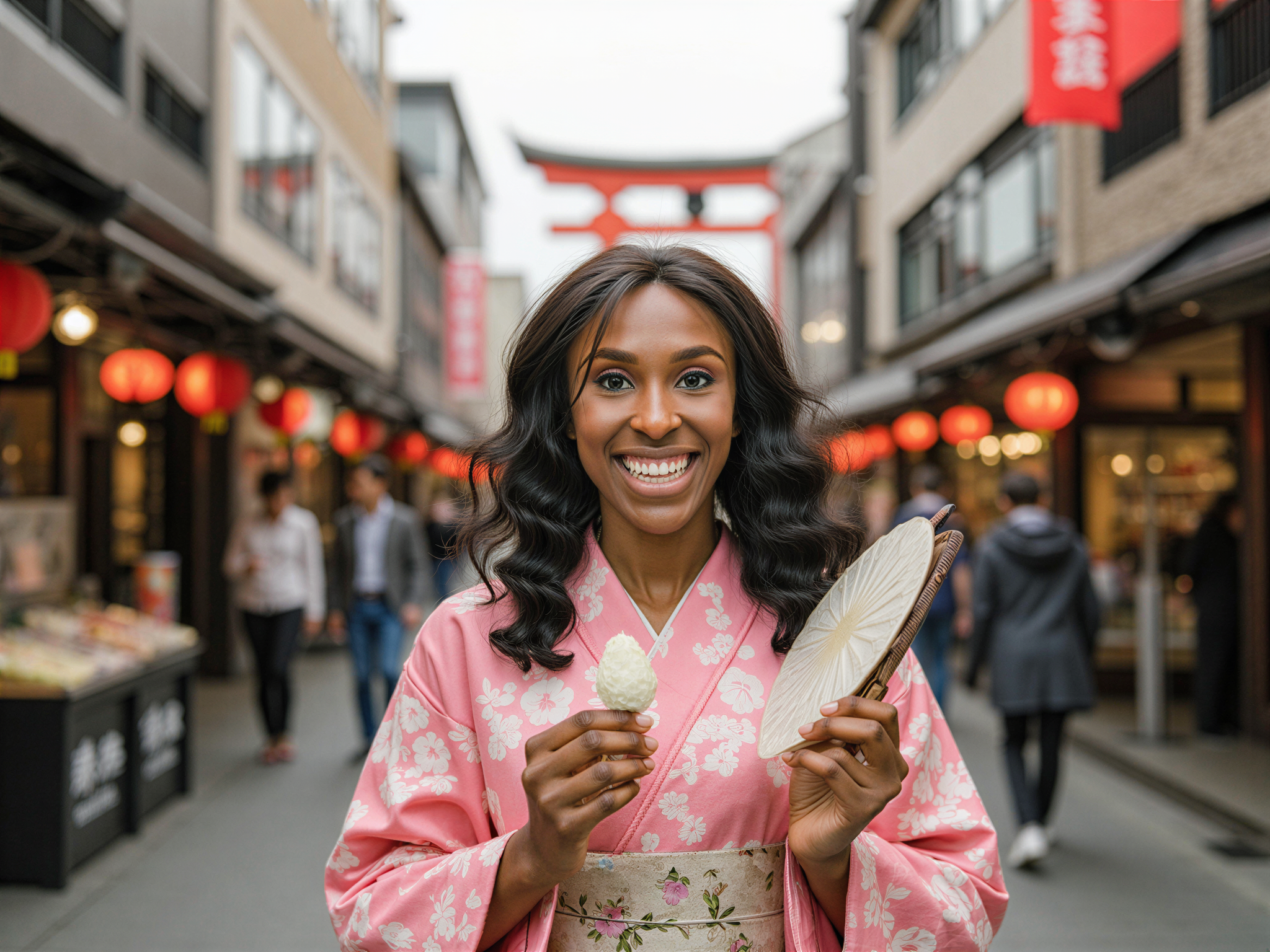 A joyful female figure, OD62S, aged 28, exploring the vibrant streets of Asakusa, Tokyo. She is dressed in a colorful, traditional yukata adorned with cherry blossoms, radiating playful elegance. Her hair is styled in soft waves, adorned with delicate floral hairpins. Her expression beams with happiness, as she holds a traditional folding fan in one hand and a sweet treat in the other. The bustling streets of Asakusa serve as a richly detailed backdrop, with lanterns hanging and the iconic Senso-ji Temple visible in the distance. Soft, warm lighting enhances the cheerful atmosphere, capturing the spirit of a beautiful day in Japan. This scene encapsulates the joy and cultural vibrancy of Asakusa, making it a perfect moment in time.