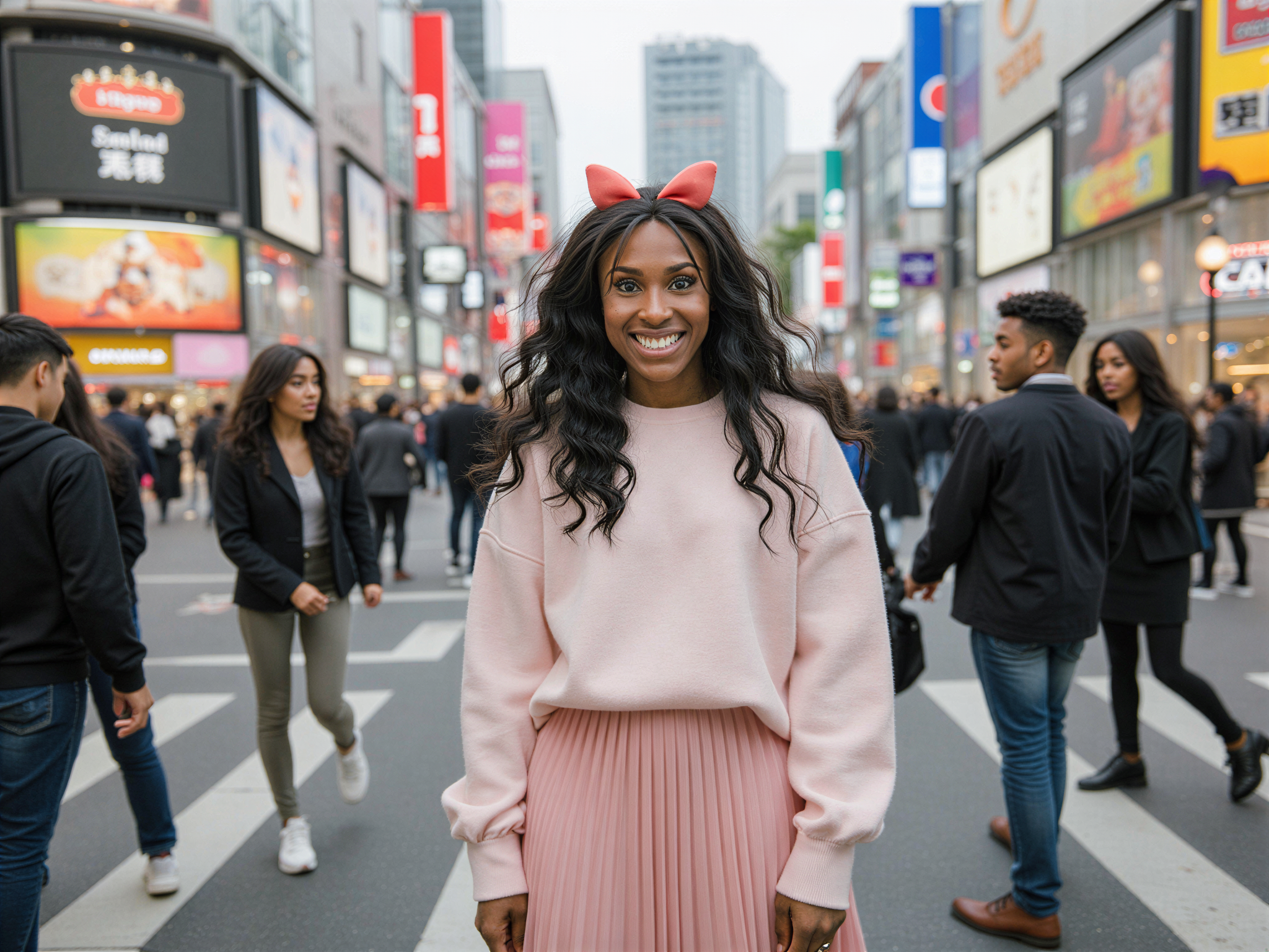 A vibrant street scene in Shibuya featuring a joyful female subject, OD62S, aged 28. She wears a fun and trendy outfit, combining a pastel-colored oversized sweater with a pleated midi skirt and chunky white sneakers. Her hair is styled in loose waves, adorned with playful hair accessories that match her attire. The bustling background showcases the iconic Shibuya Crossing, filled with a colorful array of people, neon lights, and advertising screens that amplify the energetic atmosphere. Captured in a candid moment, her genuine smile radiates happiness, encapsulating the lively essence of urban life in Japan. The image reflects a cheerful mood, emphasizing the contrast between her vibrant demeanor and the dynamic, fast-paced environment around her.