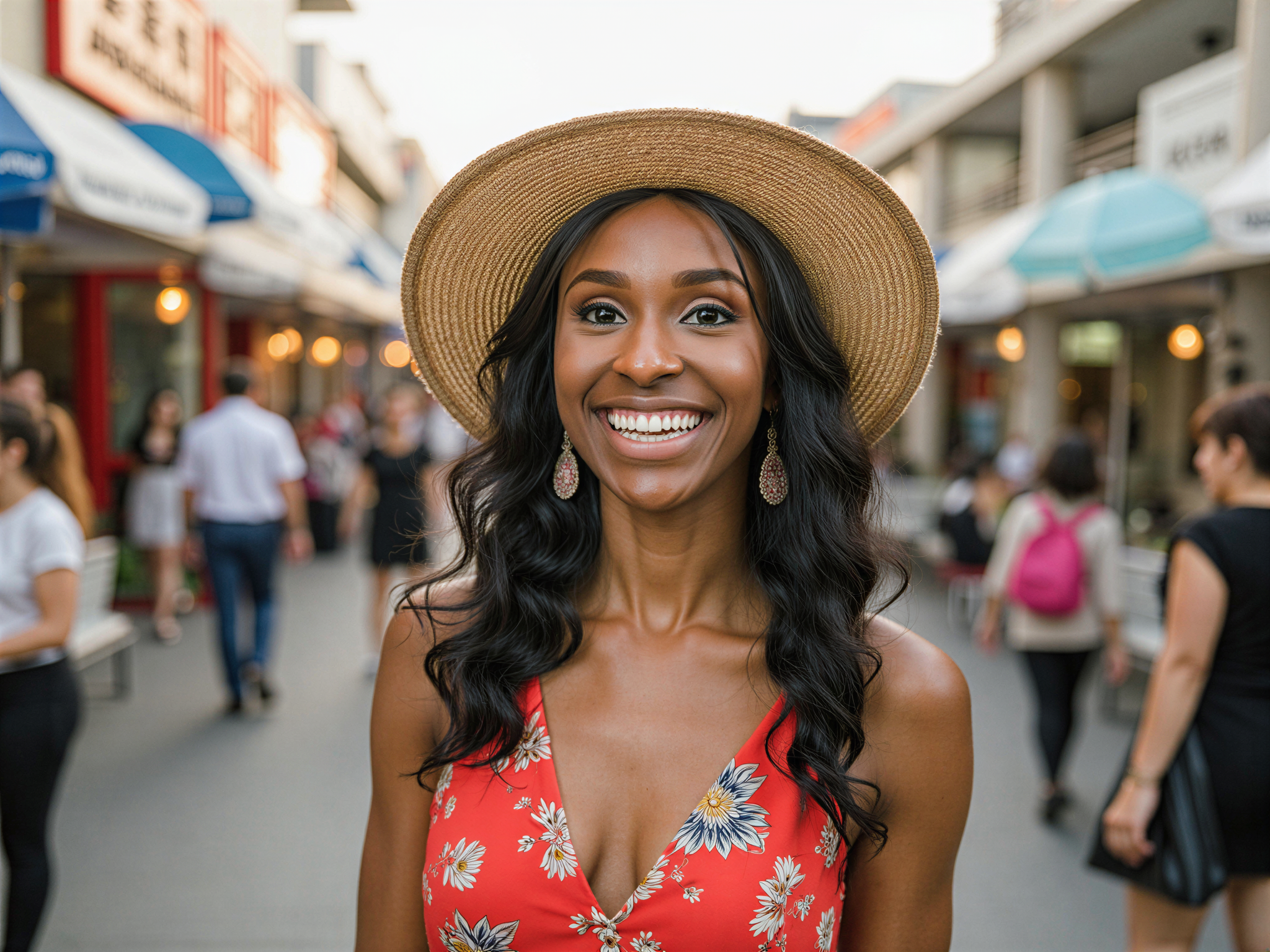 A joyous and vibrant portrait of a female, OD62S, aged 28, captured in the bustling streets of Busan, South Korea. She is laughing exuberantly, wearing a colorful summer dress adorned with floral patterns that sways with the gentle breeze. The backdrop features the iconic Jagalchi Fish Market, filled with vibrant colors and lively energy. Her hair is styled in loose waves, and she accessorizes with playful earrings and a wide-brimmed straw hat, radiating warmth and happiness. The golden hour light casts a soft, flattering glow on her, enhancing the joyful ambiance and cultural richness around her.