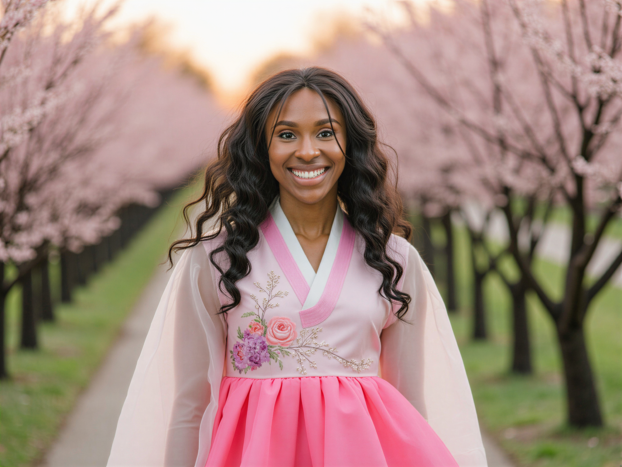A vibrant and joyous portrait of a 28-year-old female, OD62S, showcasing the essence of South Korea's lively youth culture. She is dressed in a contemporary hanbok, with a modern twist—an iridescent pink jeogori and a flowing hanbok skirt adorned with intricate floral embroidery. Her hair is styled in playful waves, decorated with a delicate hairpin. Captured against a backdrop of cherry blossoms in full bloom, the atmosphere exudes happiness and celebration. The soft, golden hour lighting envelops her, creating a warm glow that enhances her radiant smile and sparkling eyes, embodying the spirit of spring in South Korea.