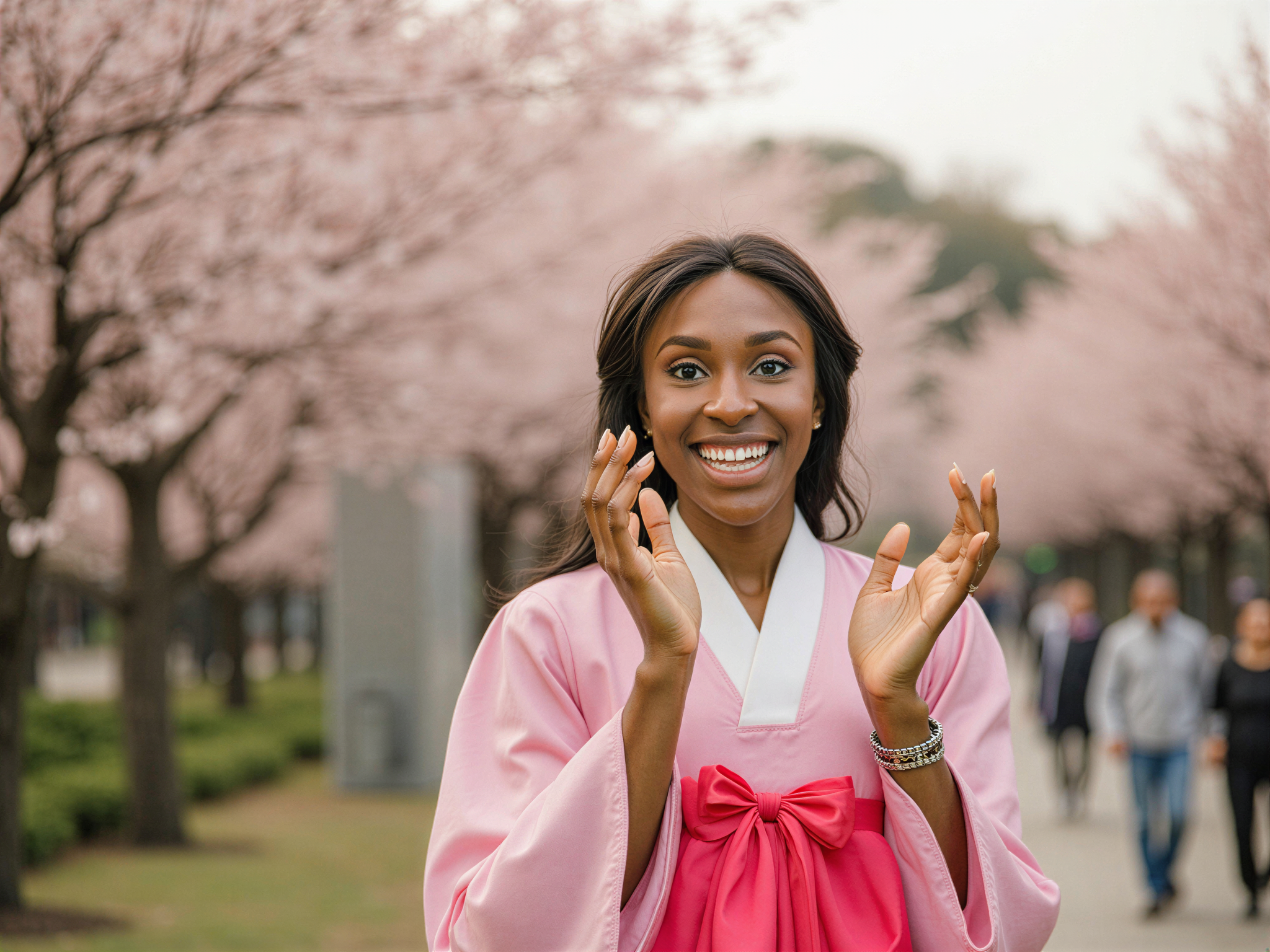 A joyful female figure, OD62S, aged 28, embodying the spirit of Gyeongju, South Korea. She is dressed in a vibrant hanbok, featuring a silk jeogori in pastel pink, adorned with intricate embroidery and a flowing, patterned chima that cascades elegantly to the ground. The setting is filled with the blooming cherry blossoms of Gyeongju, their petals fluttering in the gentle breeze, creating a whimsical atmosphere. Her hands are playfully lifted, as if she is catching the falling petals, and a radiant smile lights up her face. The composition captures the essence of happiness and cultural beauty, with soft, golden hour lighting that bathes the scene in warmth, enhancing the mood of pure joy and celebration.