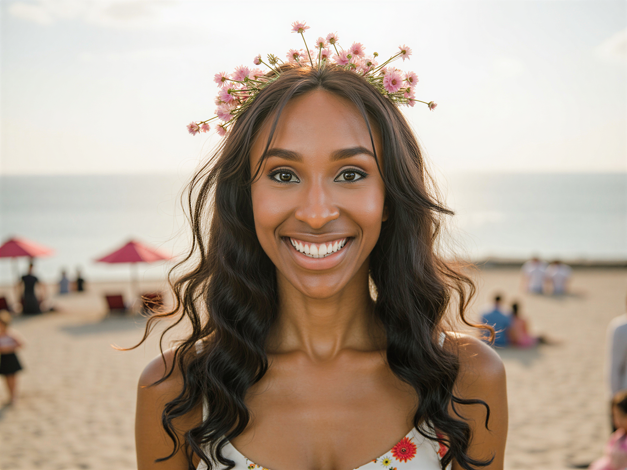 A vibrant and joyful female individual, OD62S, aged 28, captured in a sunlit outdoor setting in Incheon. She wears a playful, floral sundress that dances with the gentle breeze, embodying the essence of carefree summer vibes. Her hair cascades in loose waves, adorned with a delicate crown of wildflowers. The background features the scenic coastal views of Incheon, with the glistening sea and colorful beach umbrellas, evoking a sense of happiness and warmth. The composition emphasizes her radiant smile, framed by the soft golden hour light, creating an inviting and uplifting atmosphere that exudes joy and vitality.