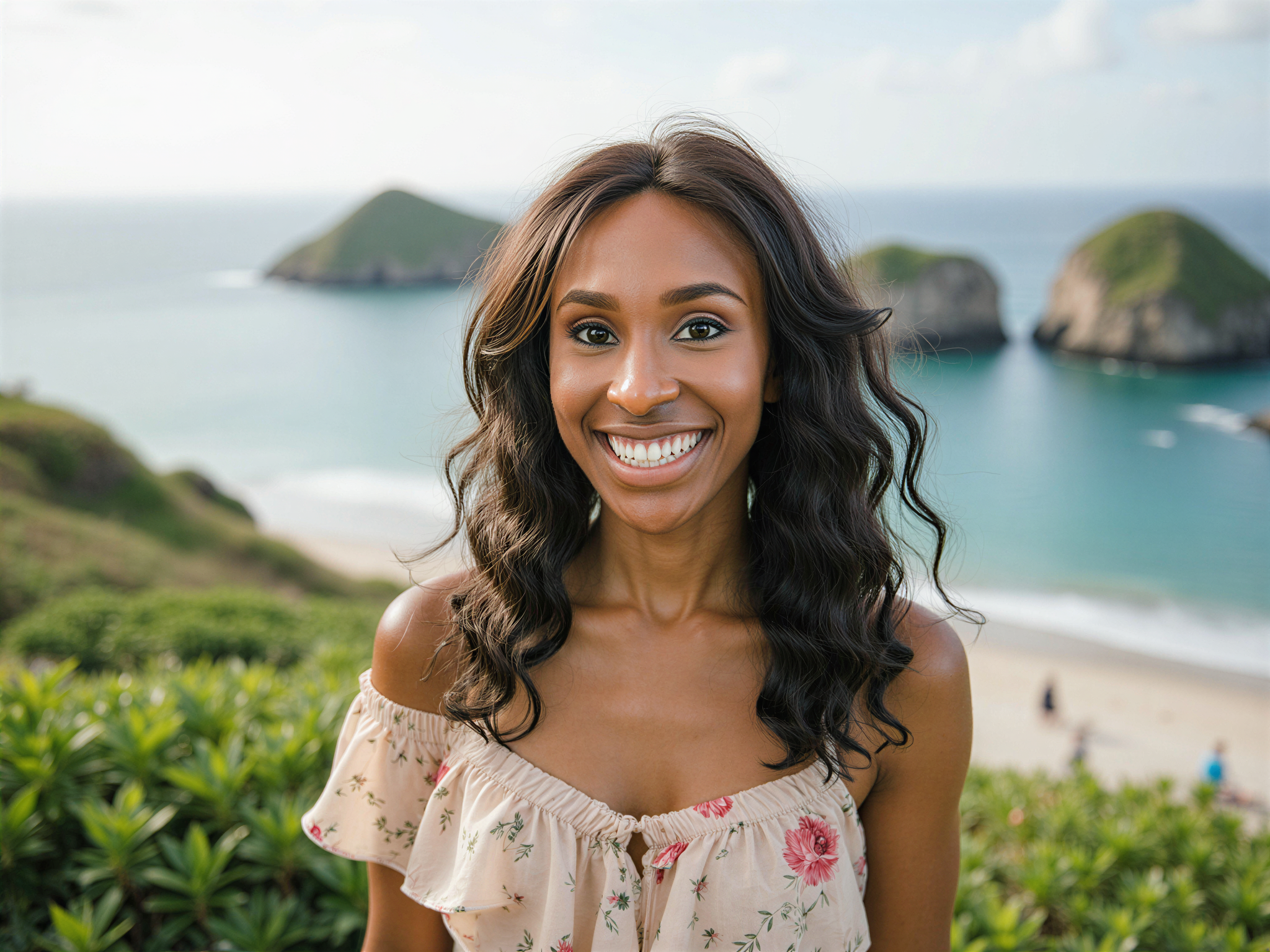 A joyful female figure, OD62S, aged 28, standing on the picturesque shores of Jeju Island, surrounded by lush greenery and the sparkling turquoise sea. She wears a flowing, lightweight summer dress with floral patterns that billow gently in the sea breeze. Her hair cascades in loose waves, illuminated by the golden sunlight. The wide smile on her face captures the essence of happiness, embodying the carefree spirit of a summer vacation. In the background, the iconic volcanic rock formations of Jeju provide a dramatic contrast, enhancing the scene's natural beauty and serenity. The mood is exuberant and joyful, perfectly encapsulating the bliss of summer by the sea.
