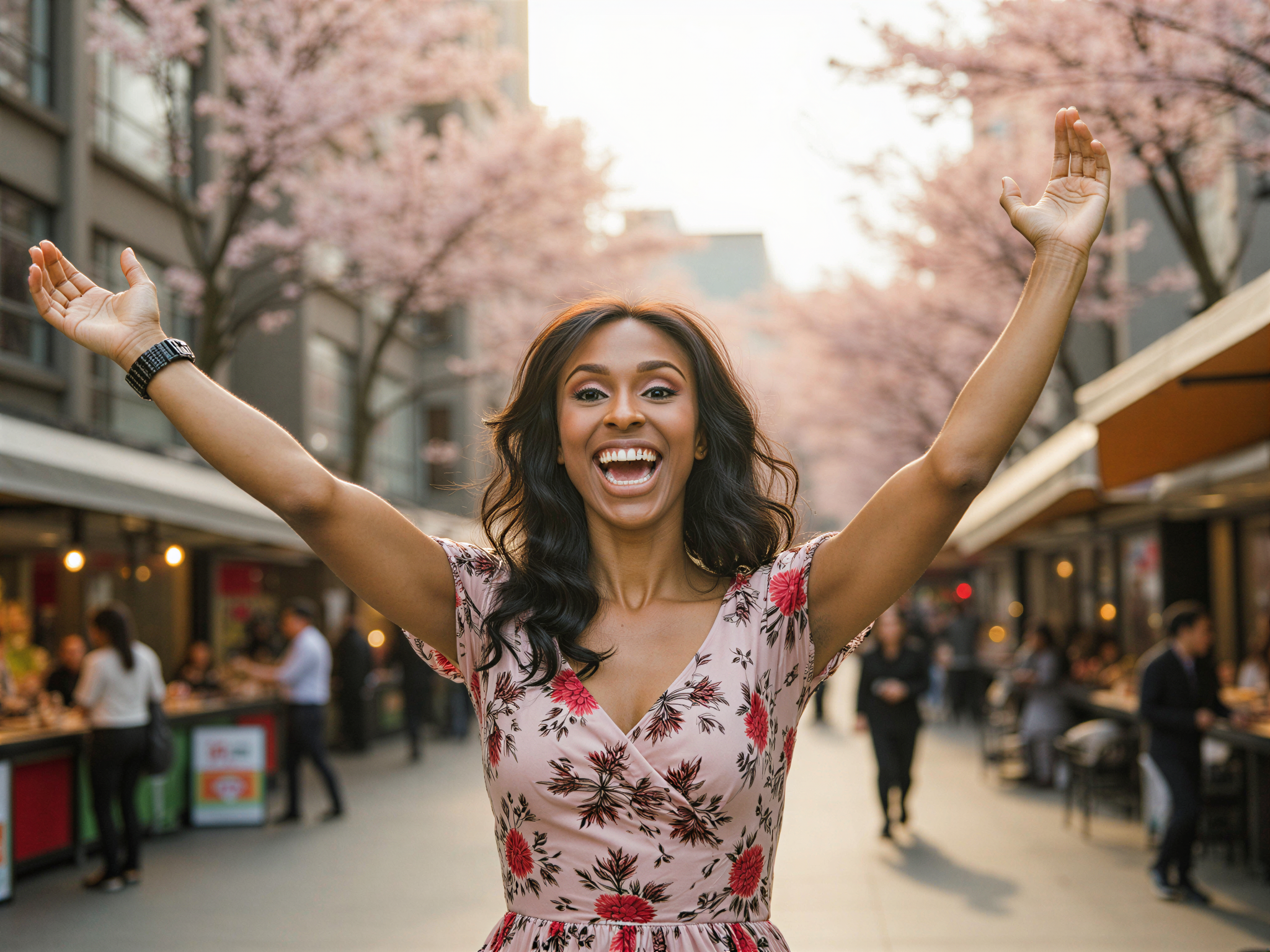 A vibrant outdoor scene featuring a female model, OD62S, aged 28, radiating happiness in the bustling streets of Seoul. She wears a flowing floral dress that dances with the light breeze, paired with stylish ankle boots that complement her playful demeanor. The background is bustling with colorful street vendors and cherry blossoms in bloom, casting a magical aspect to the lively atmosphere. Her arms are raised joyfully, laughter evident in her bright smile as sunlight filters through the trees, creating a golden glow that enhances the sense of joy and spontaneity. This image captures the essence of youthful exuberance and urban charm, merging fashion and the vibrant culture of Seoul.