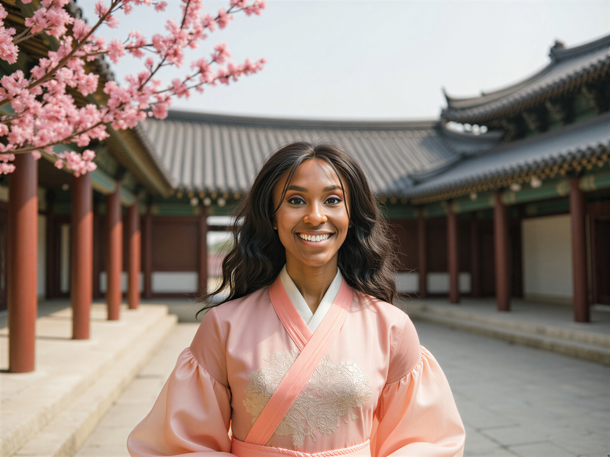 A joyful female figure, OD62S, aged 28, elegantly posed in the stunning courtyard of Gyeongbokgung Palace in Seoul. She dons a traditional hanbok in soft pastels, featuring intricate embroidery and flowing layers that catch the sunlight, creating a vibrant contrast against the classic architectural backdrop of the palace’s ornate roofs and wooden structures. Her radiant smile and sparkling eyes convey happiness, embodying a sense of cultural pride and connection to history. The scene is adorned with blooming cherry blossom trees, adding a whimsical touch, while soft, natural lighting enhances the enchanting atmosphere of this iconic location. This captures a moment of pure joy, celebrating both tradition and beauty in an editorial style.