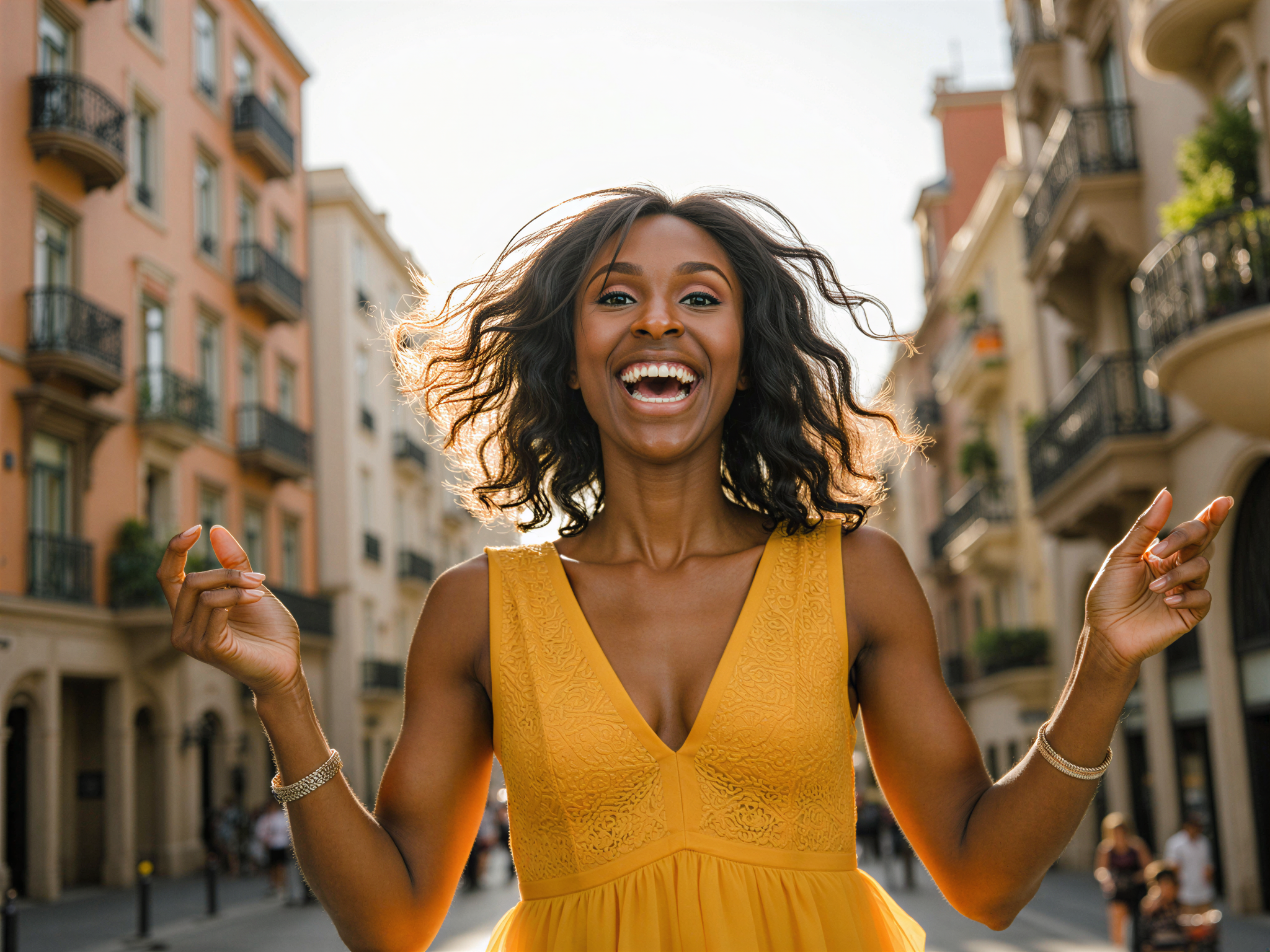 A joyful female figure, OD62S, aged 28, basking in the vibrant streets of Barcelona. She wears a flowing sundress in a bright sunflower yellow, adorned with intricate lace detailing that dances in the warm Mediterranean breeze. With her arms outstretched, she embodies a carefree spirit against the backdrop of Gaudí’s architectural masterpieces, capturing a moment filled with laughter and light. The sun casts a golden glow, illuminating her carefree smile and wild curls, creating an atmosphere of blissful vibrancy. The photograph is a celebration of life and joy, perfectly encapsulating the essence of summer in Barcelona.