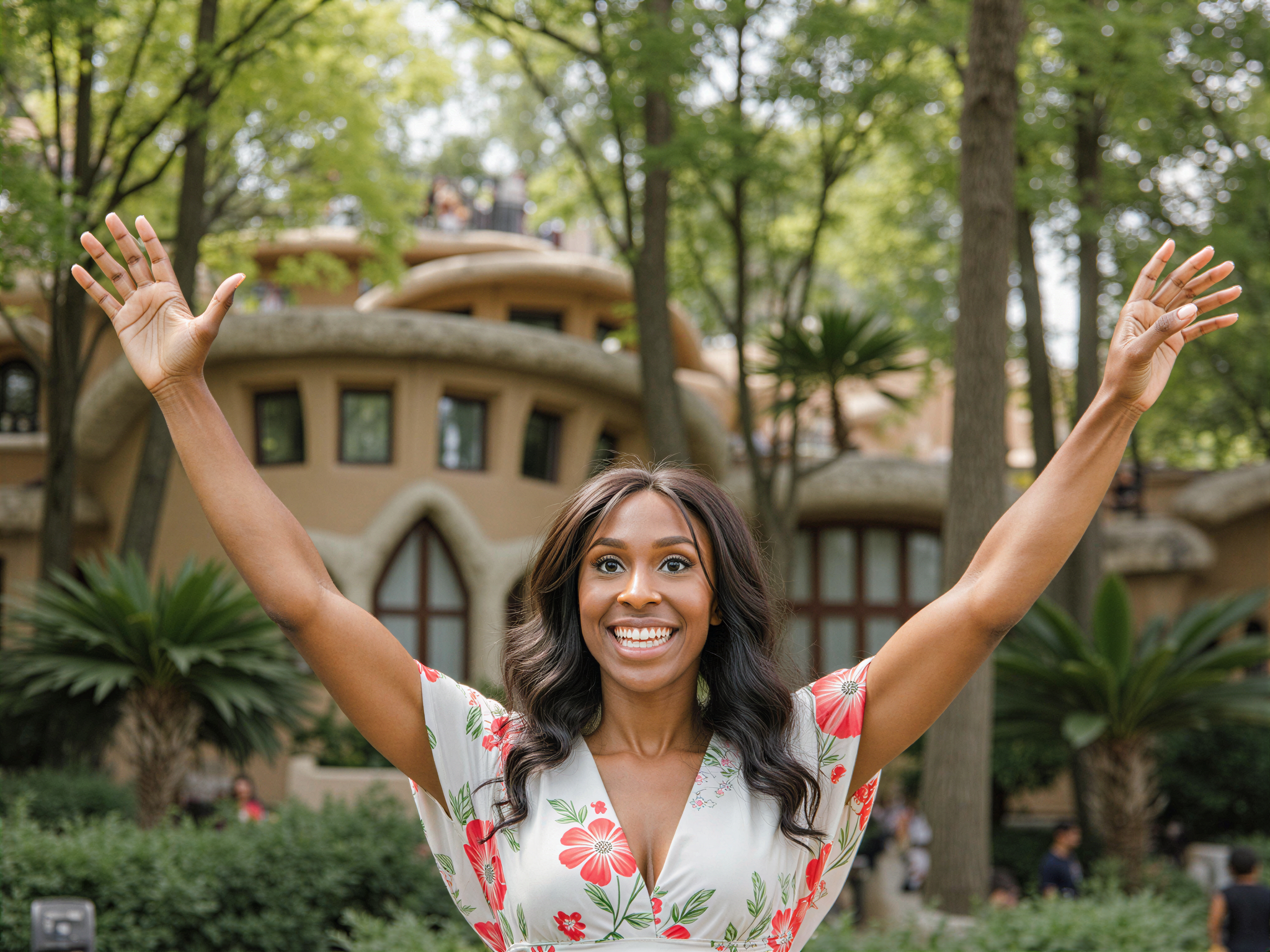 A joyful female figure, OD62S, aged 28, is captured amidst the vibrant mosaics of Park Güell in Barcelona. She wears a flowing, pastel-colored dress adorned with floral patterns, embodying a carefree spirit. With her arms raised in delight, she basks in the dappled sunlight filtering through the lush greenery. The whimsical architecture of Antoni Gaudí defines the backdrop, with its colorful tiles and organic curves harmonizing with her bubbly energy. The image radiates happiness, capturing a moment of pure joy, infused with a dreamy, ethereal quality as she interacts with her surroundings in this iconic location.